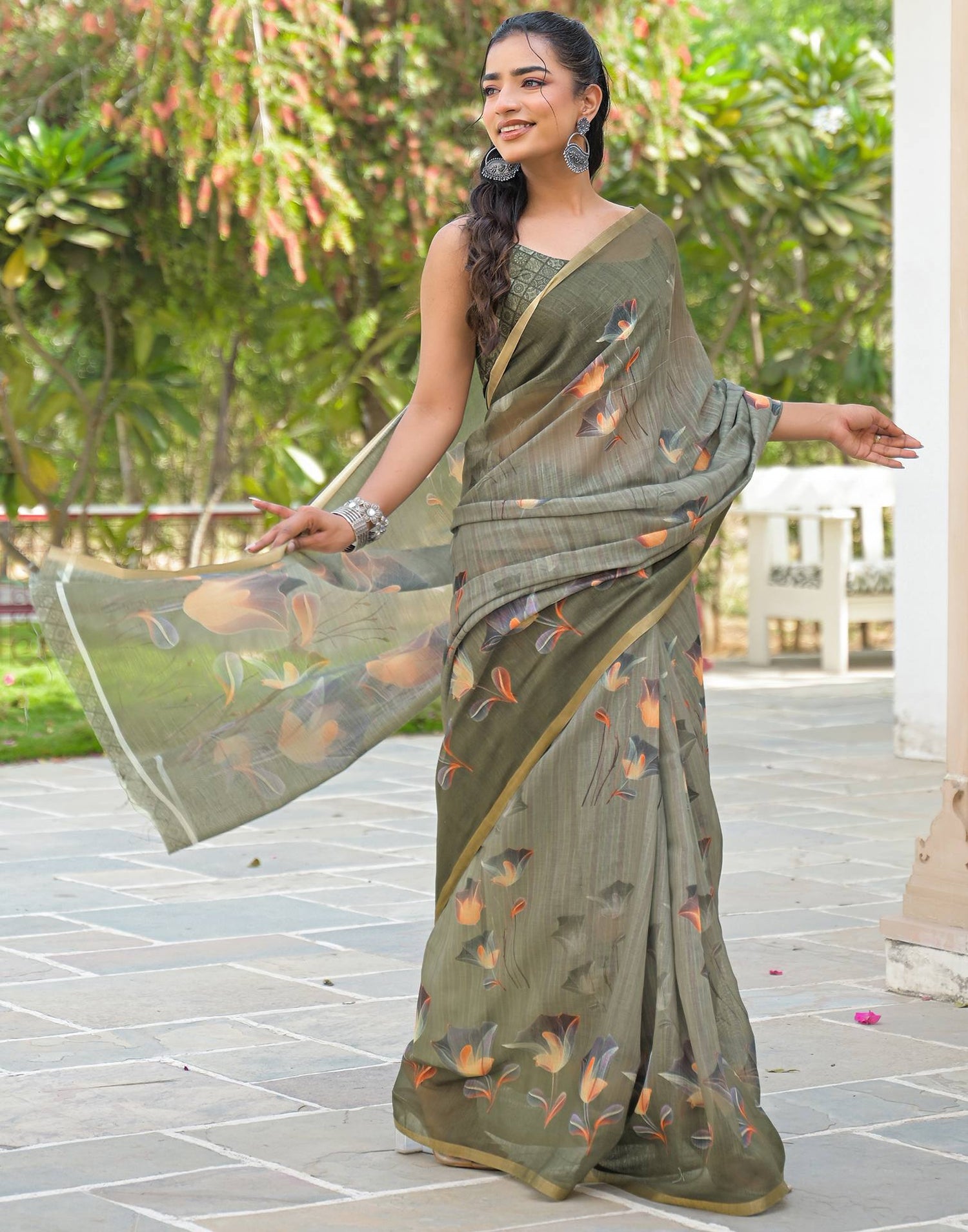 Dusty Green Linen Floral Printed Saree