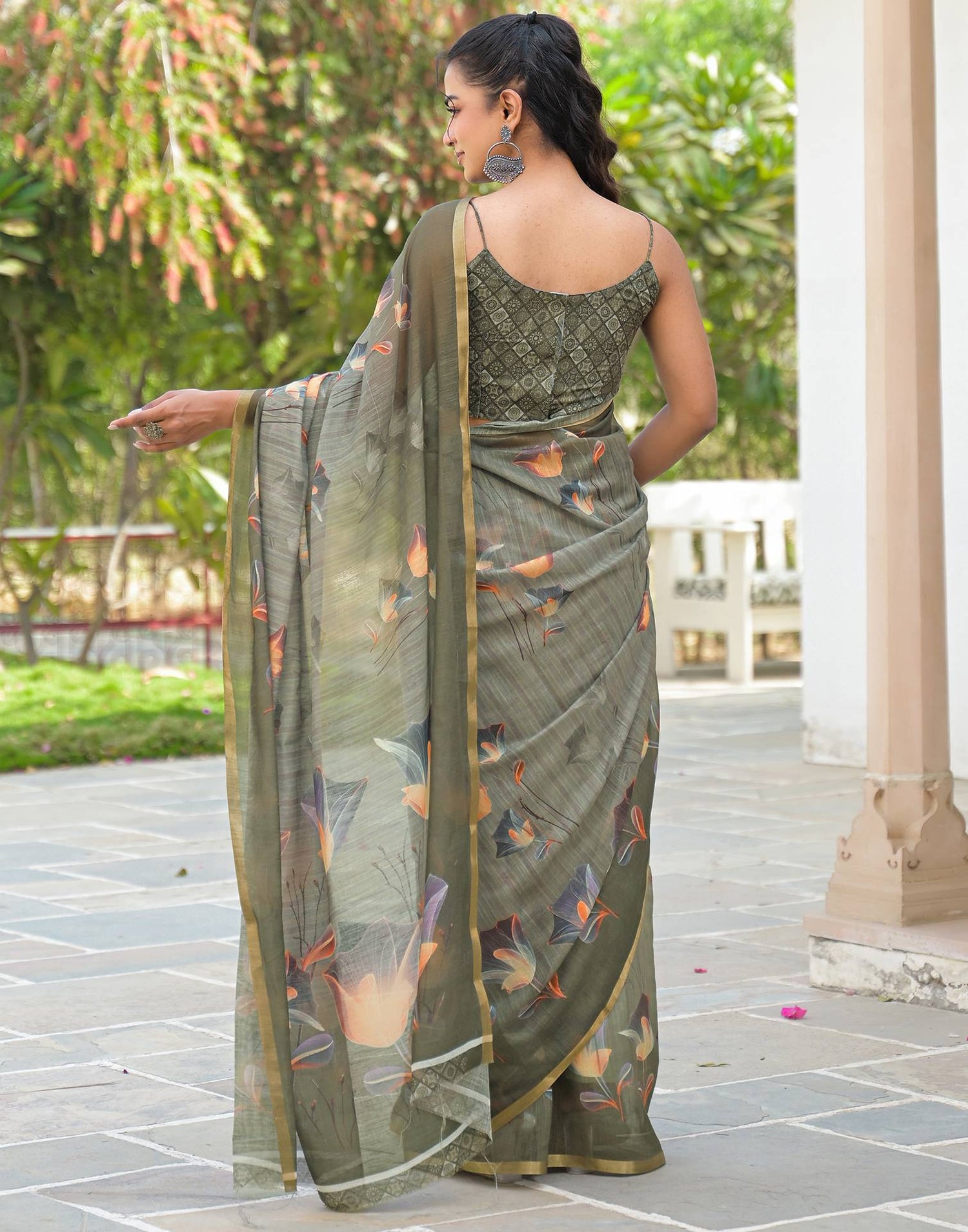 Dusty Green Linen Floral Printed Saree
