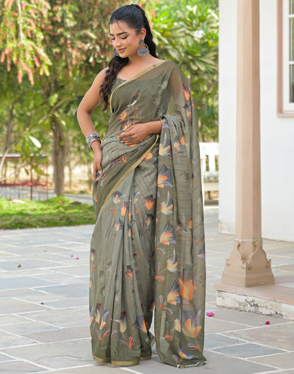 Dusty Green Linen Floral Printed Saree