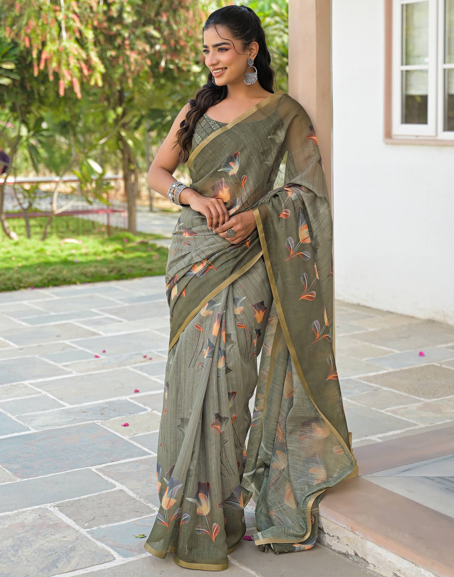 Dusty Green Linen Floral Printed Saree