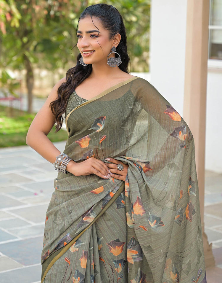 Dusty Green Linen Floral Printed Saree