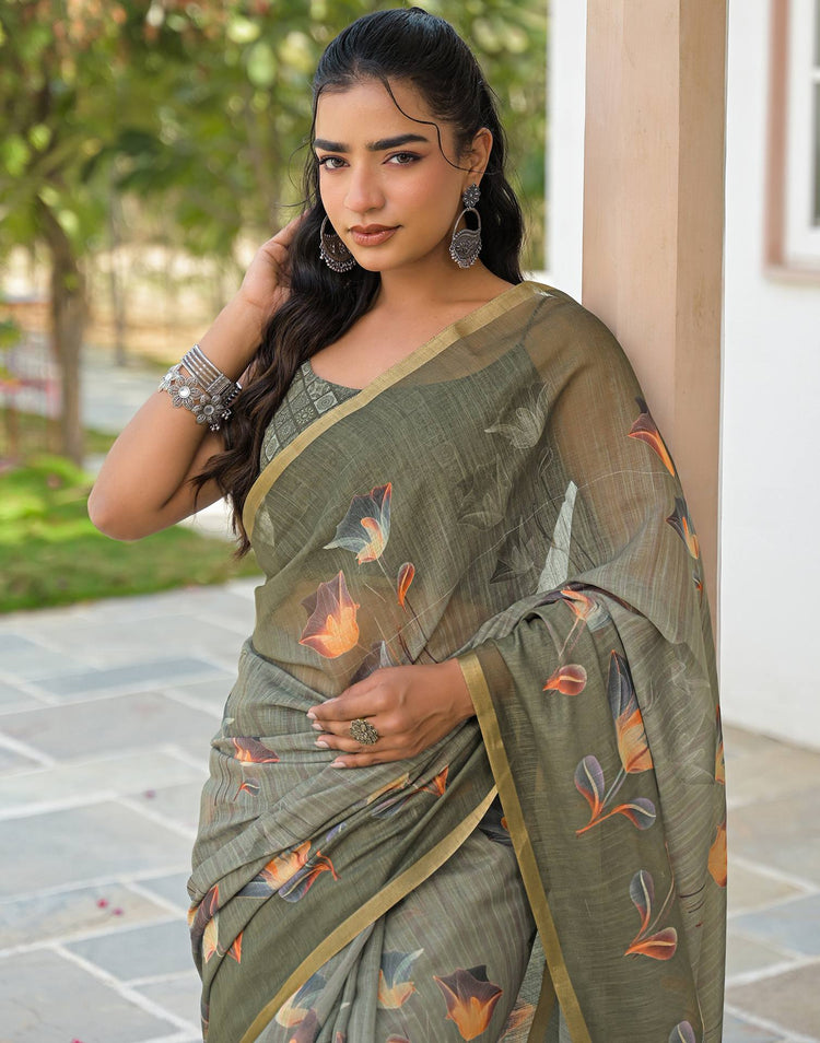Dusty Green Linen Floral Printed Saree