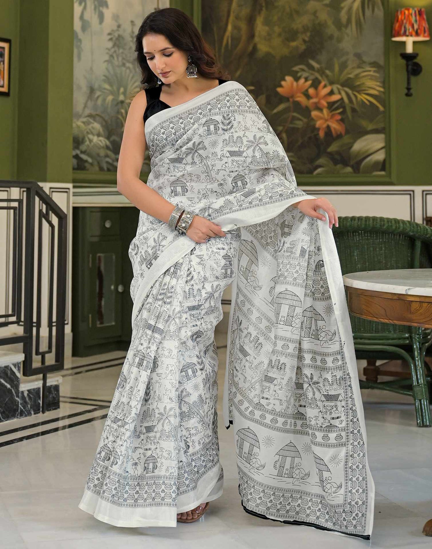 Off White Khadi Warli Printed Saree