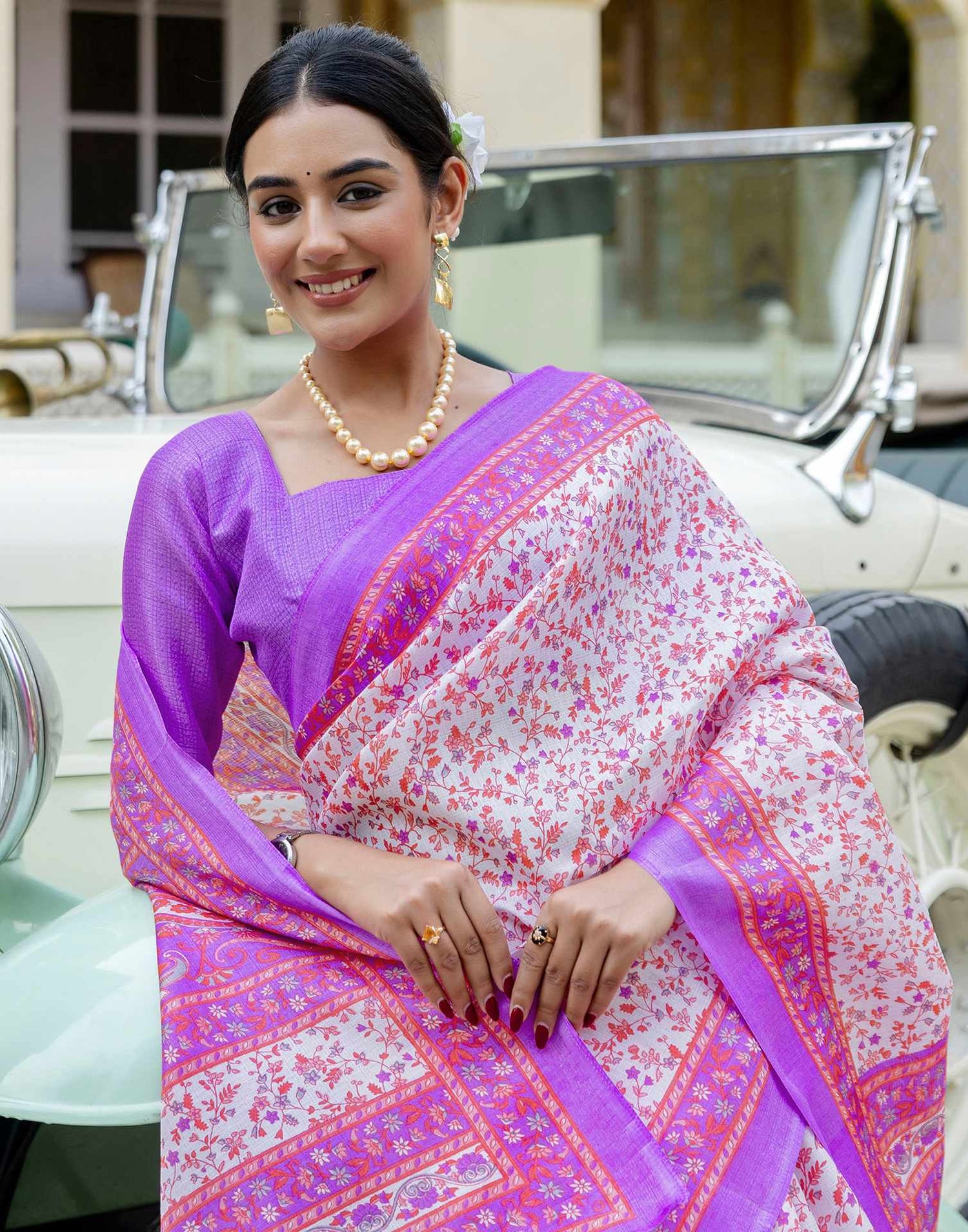 White Khadi Printed Saree