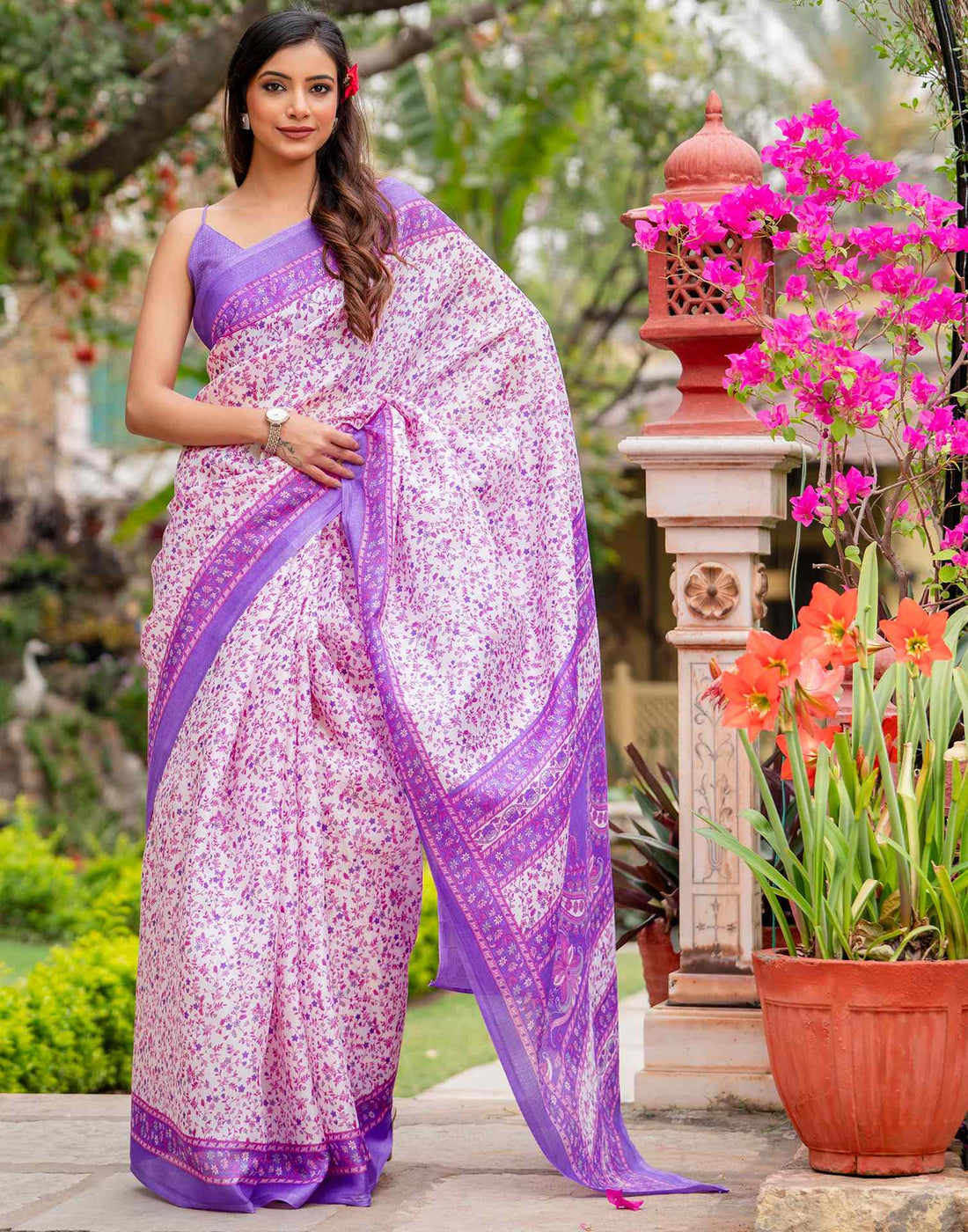 White Khadi Printed Saree