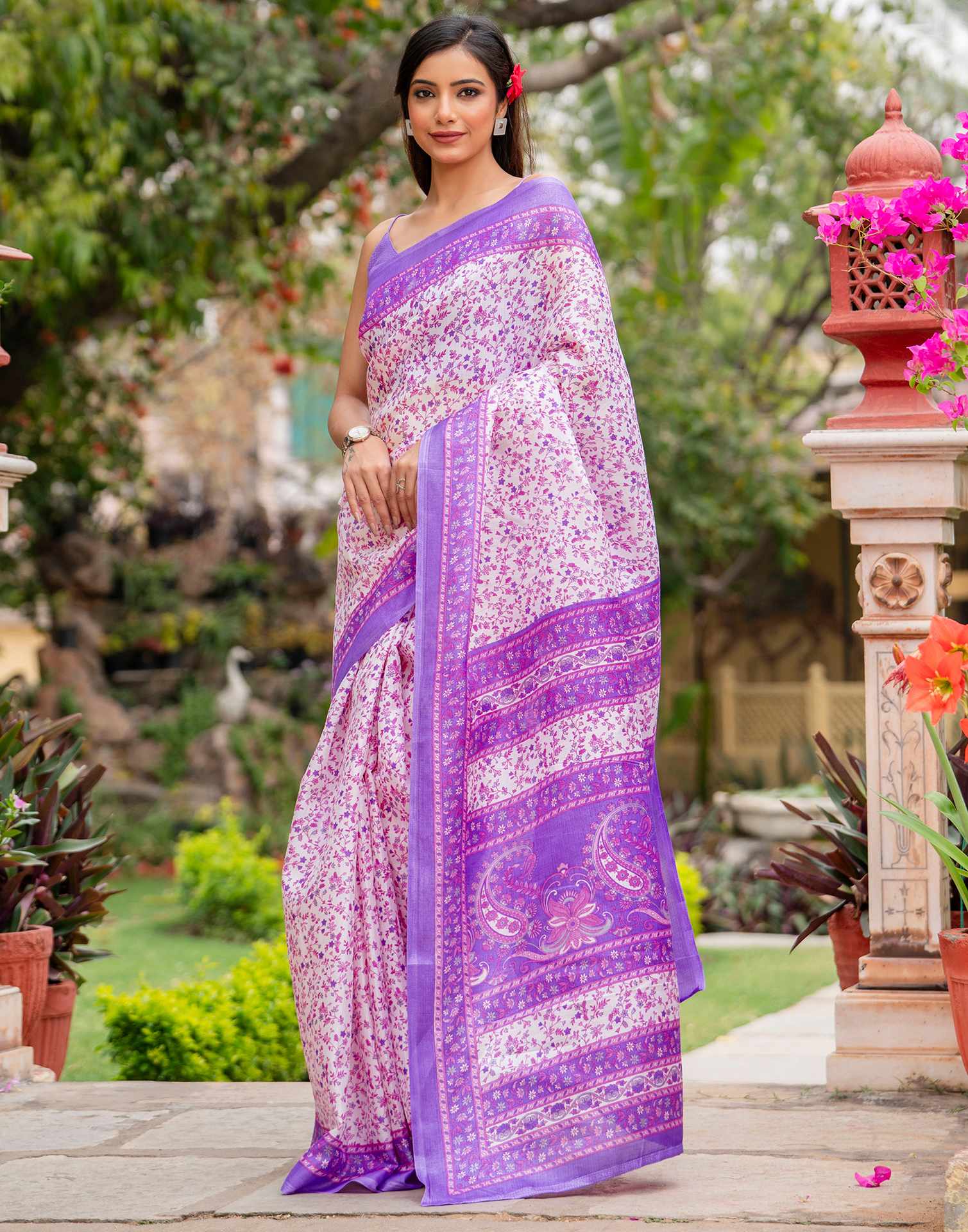 White Khadi Printed Saree