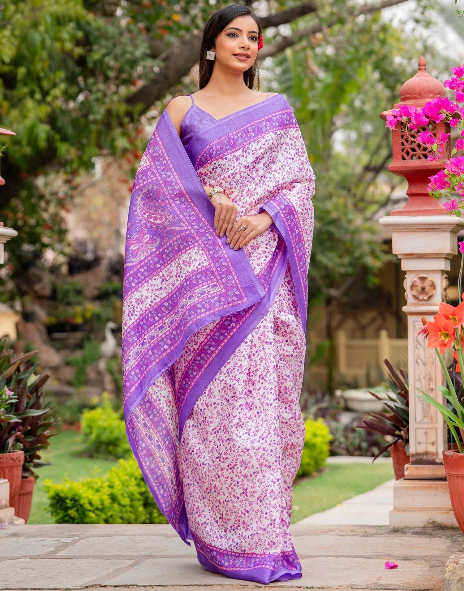 White Khadi Printed Saree