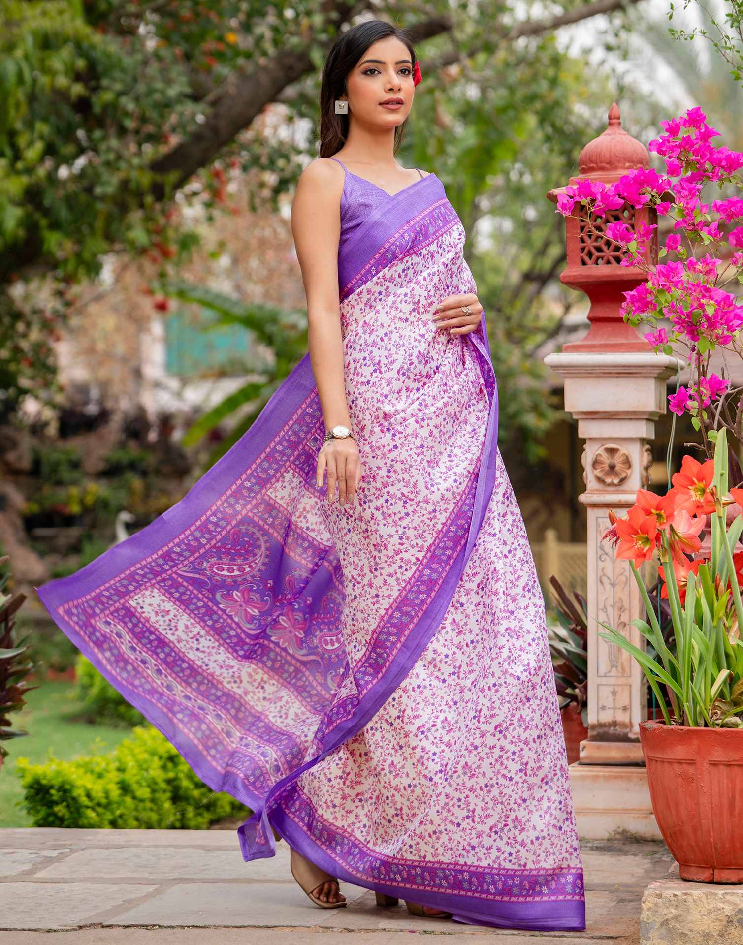 White Khadi Printed Saree