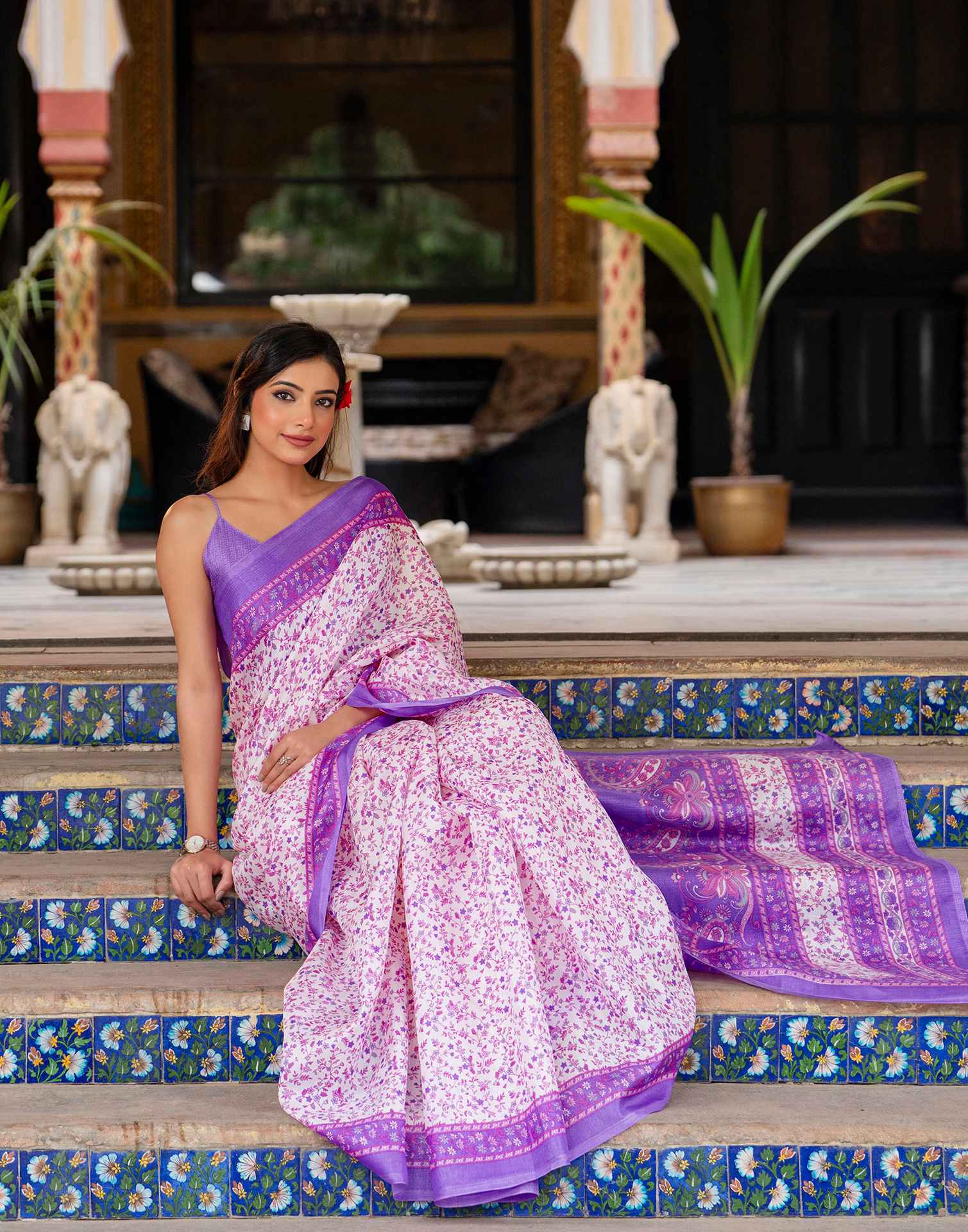 White Khadi Printed Saree