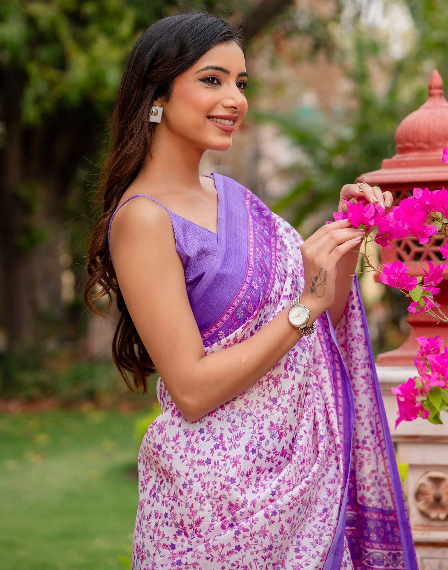 White Khadi Printed Saree