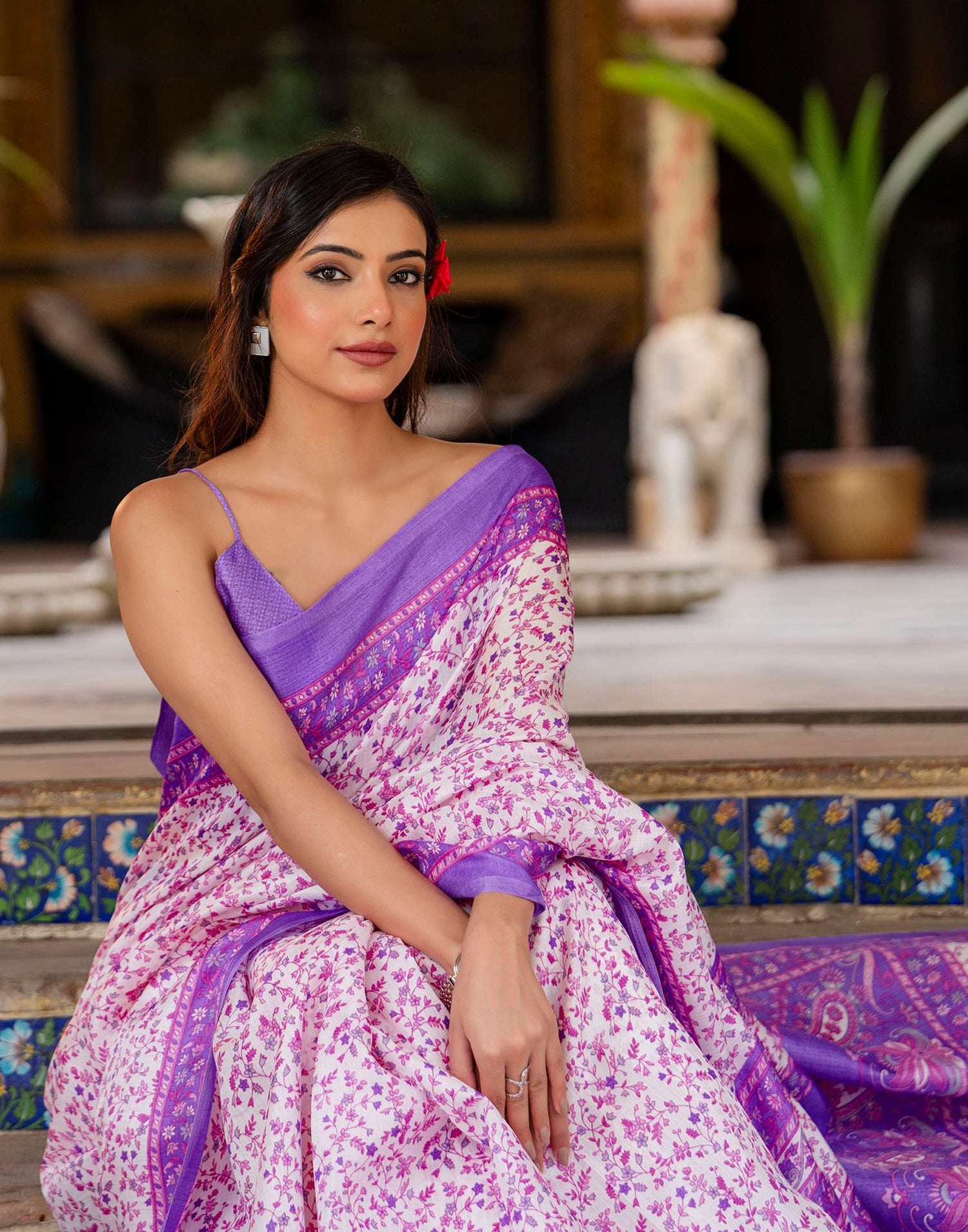 White Khadi Printed Saree