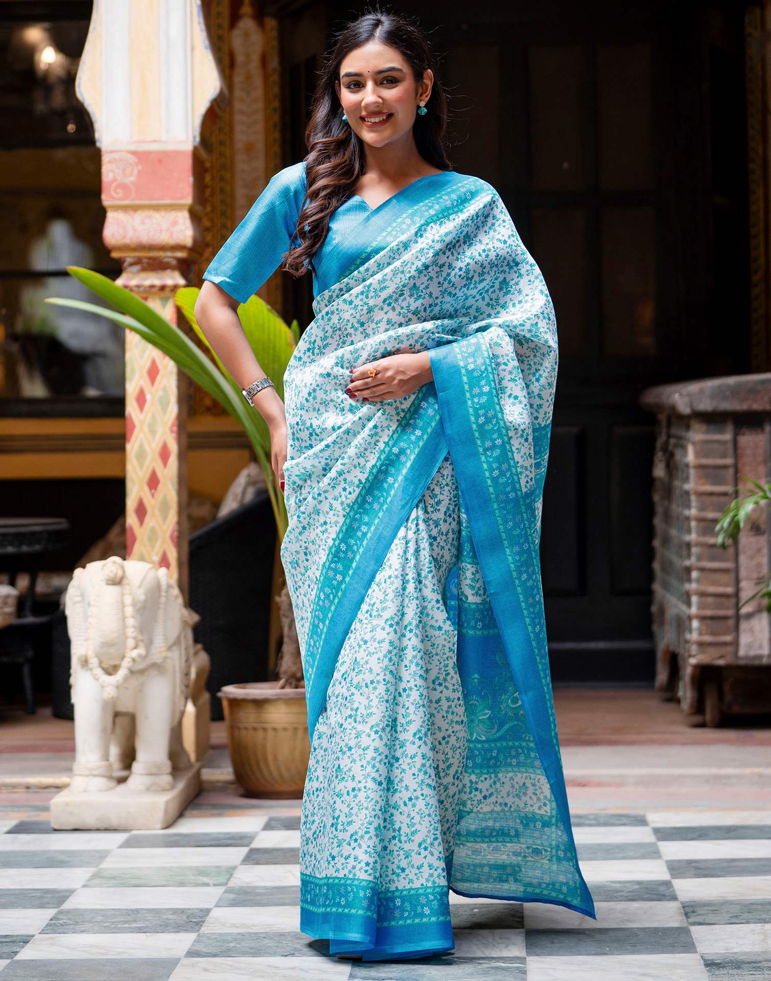 White Khadi Printed Saree