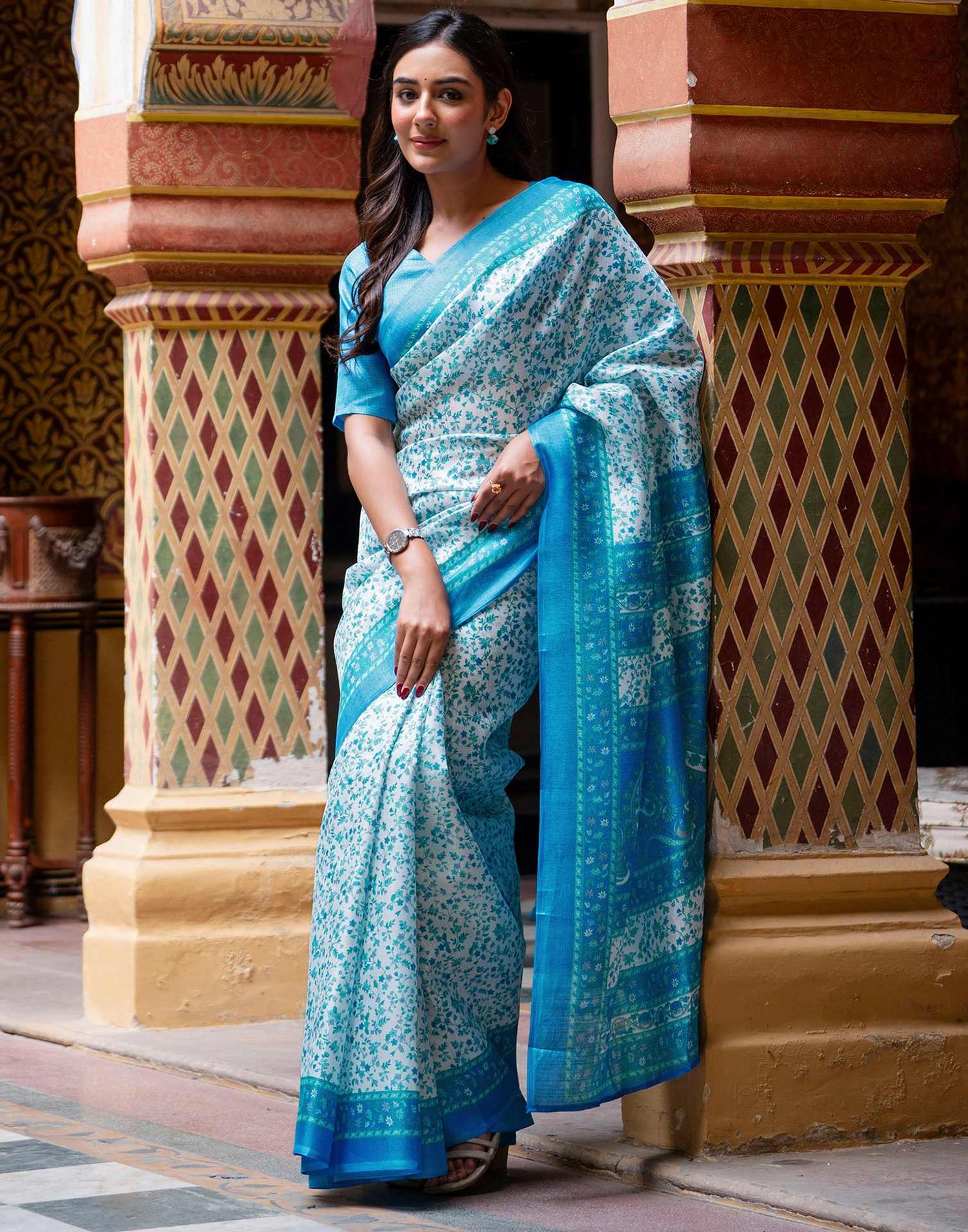 White Khadi Printed Saree