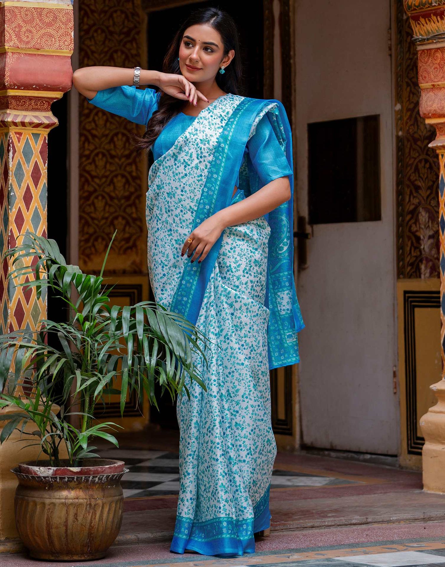 White Khadi Printed Saree