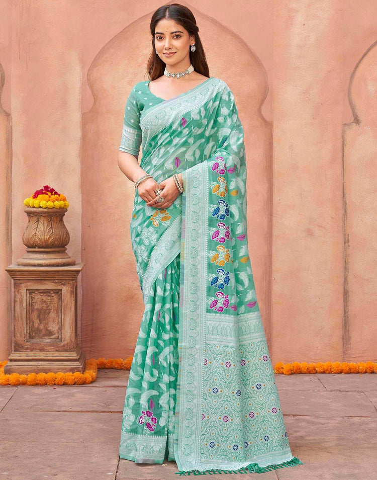 Turquoise Chanderi Woven Saree
