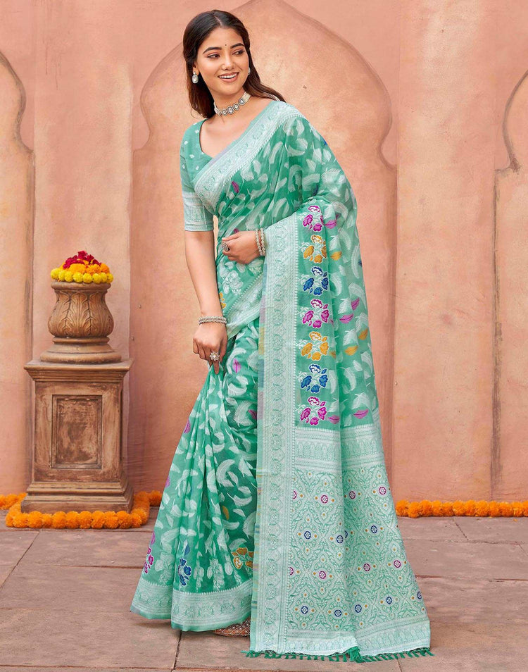 Turquoise Chanderi Woven Saree