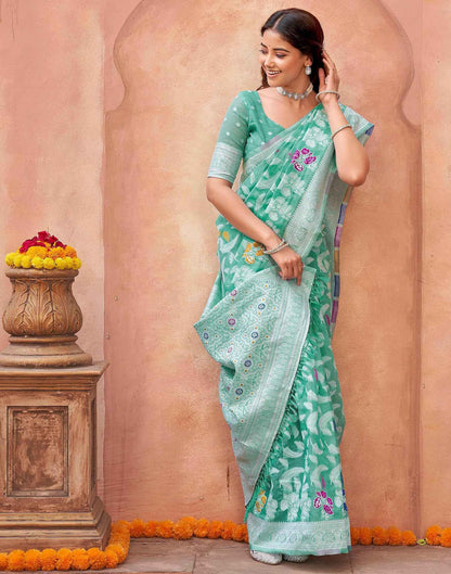 Turquoise Chanderi Woven Saree