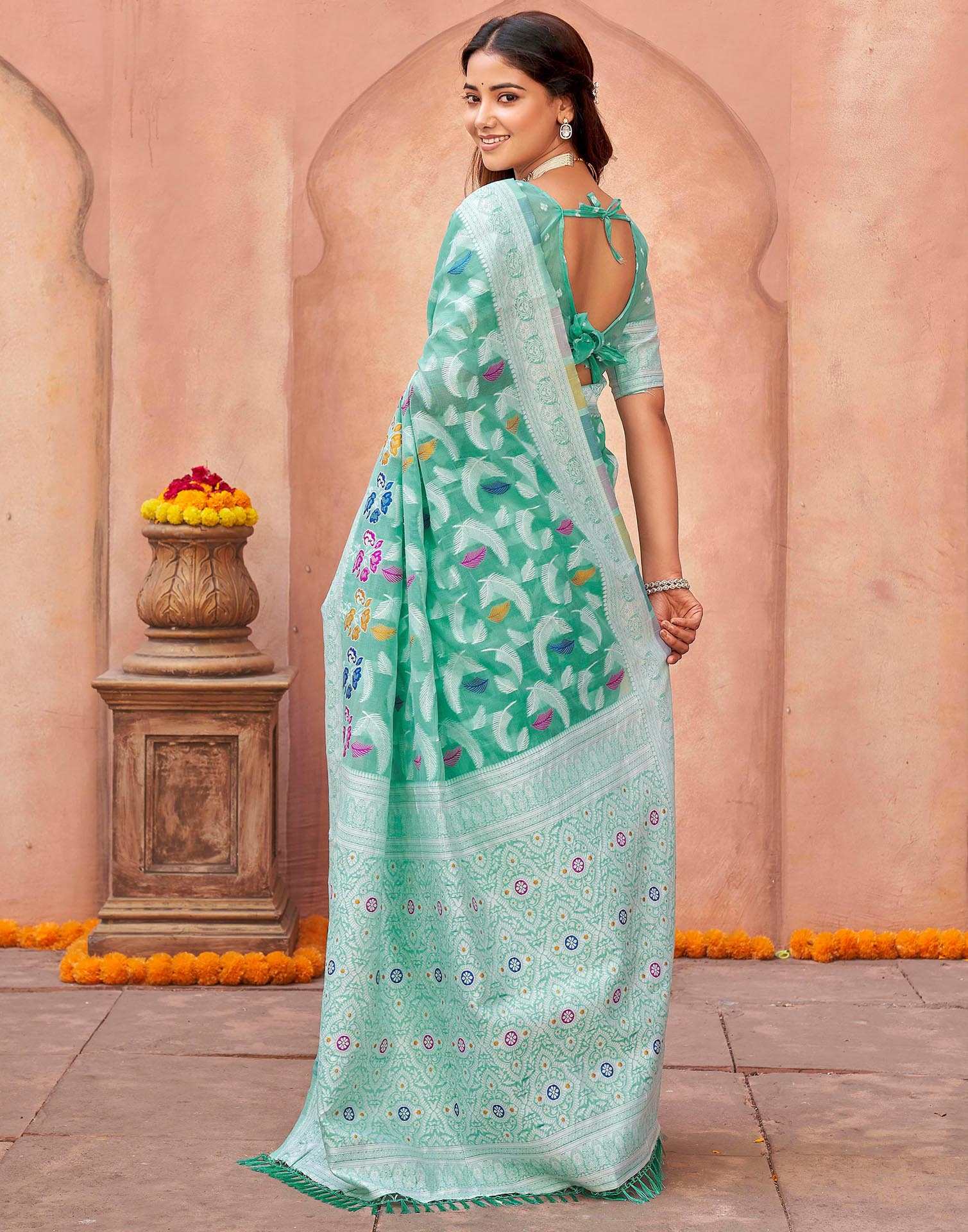 Turquoise Chanderi Woven Saree