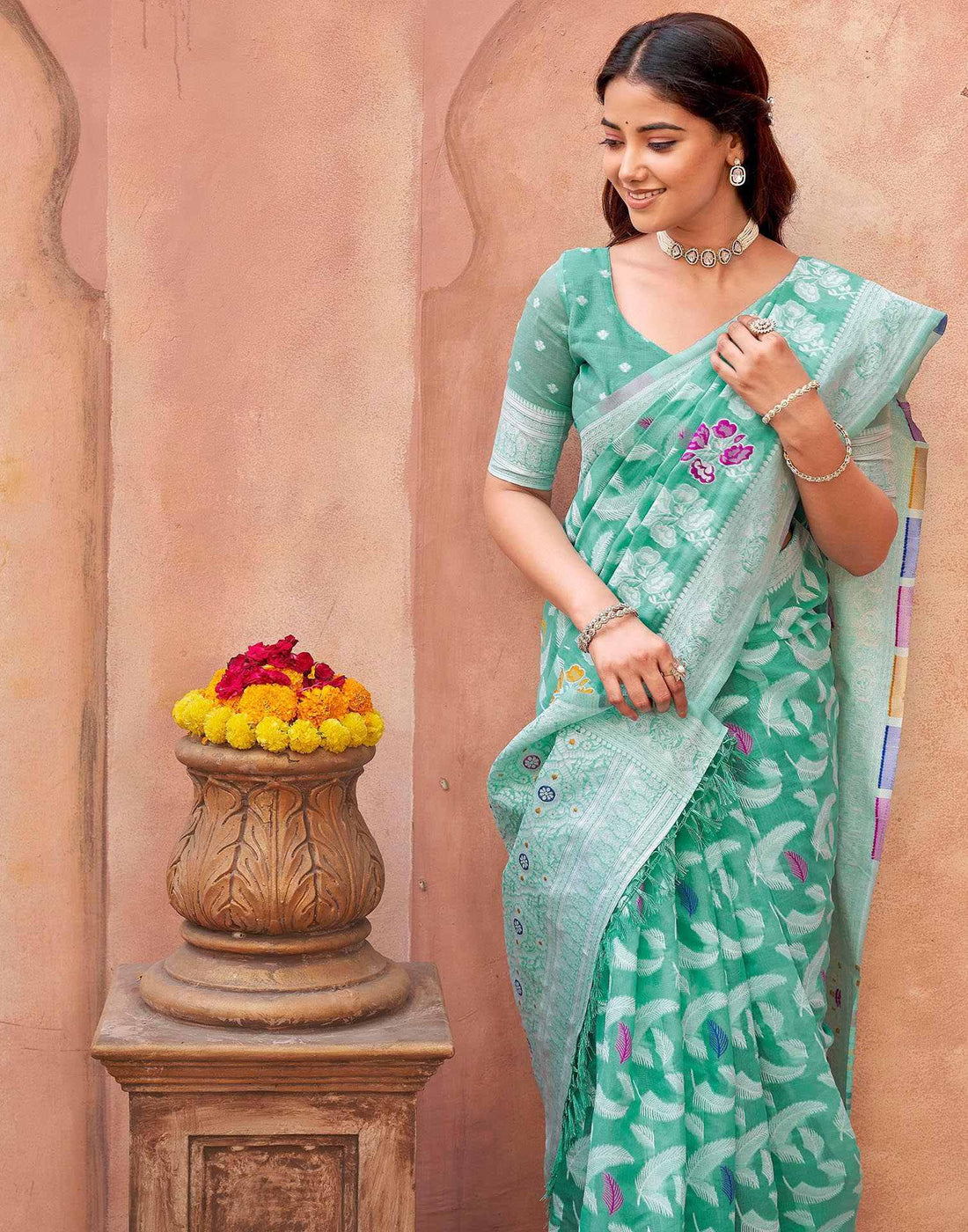 Turquoise Chanderi Woven Saree