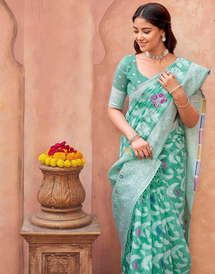 Turquoise Chanderi Woven Saree