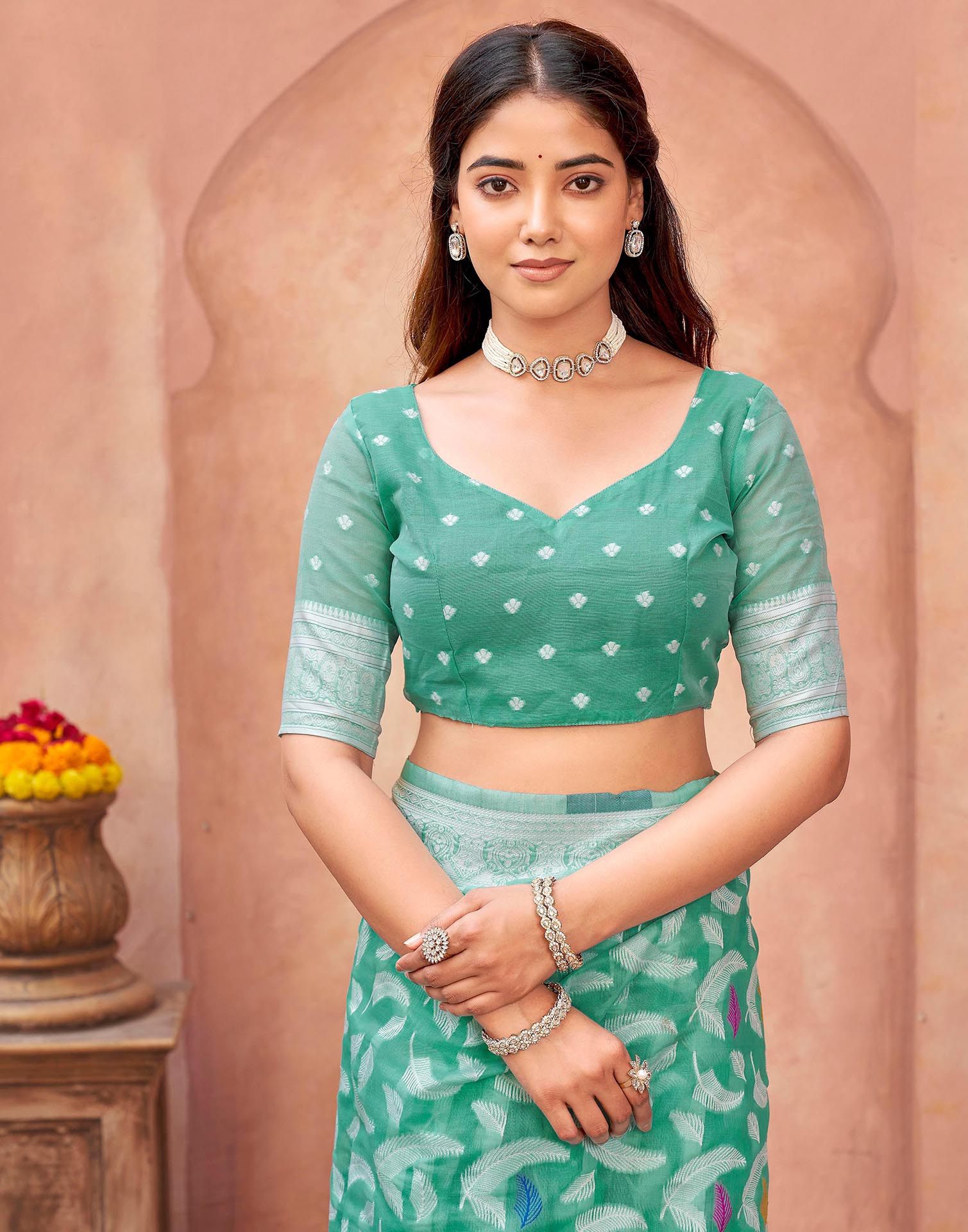 Turquoise Chanderi Woven Saree