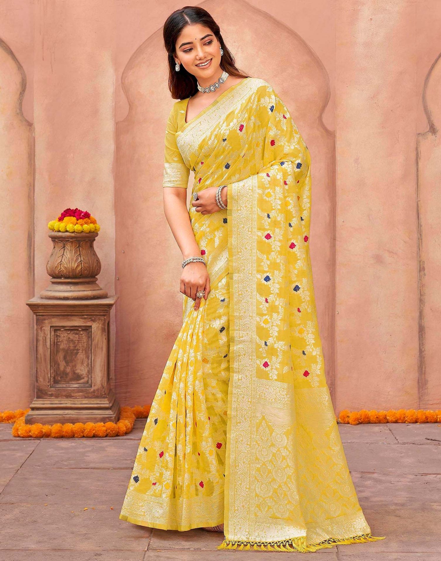 Light Yellow Chanderi Woven Saree