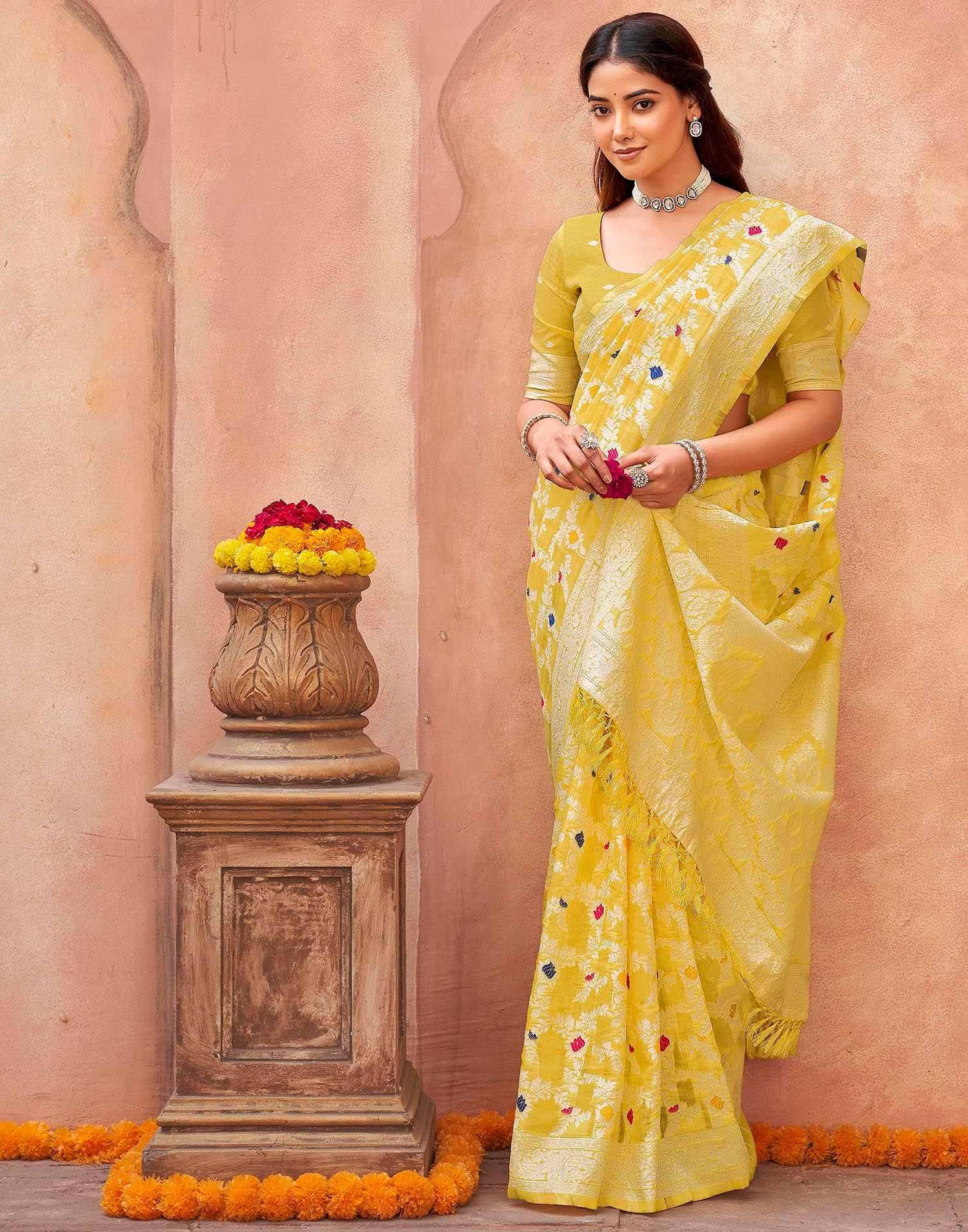 Light Yellow Chanderi Woven Saree