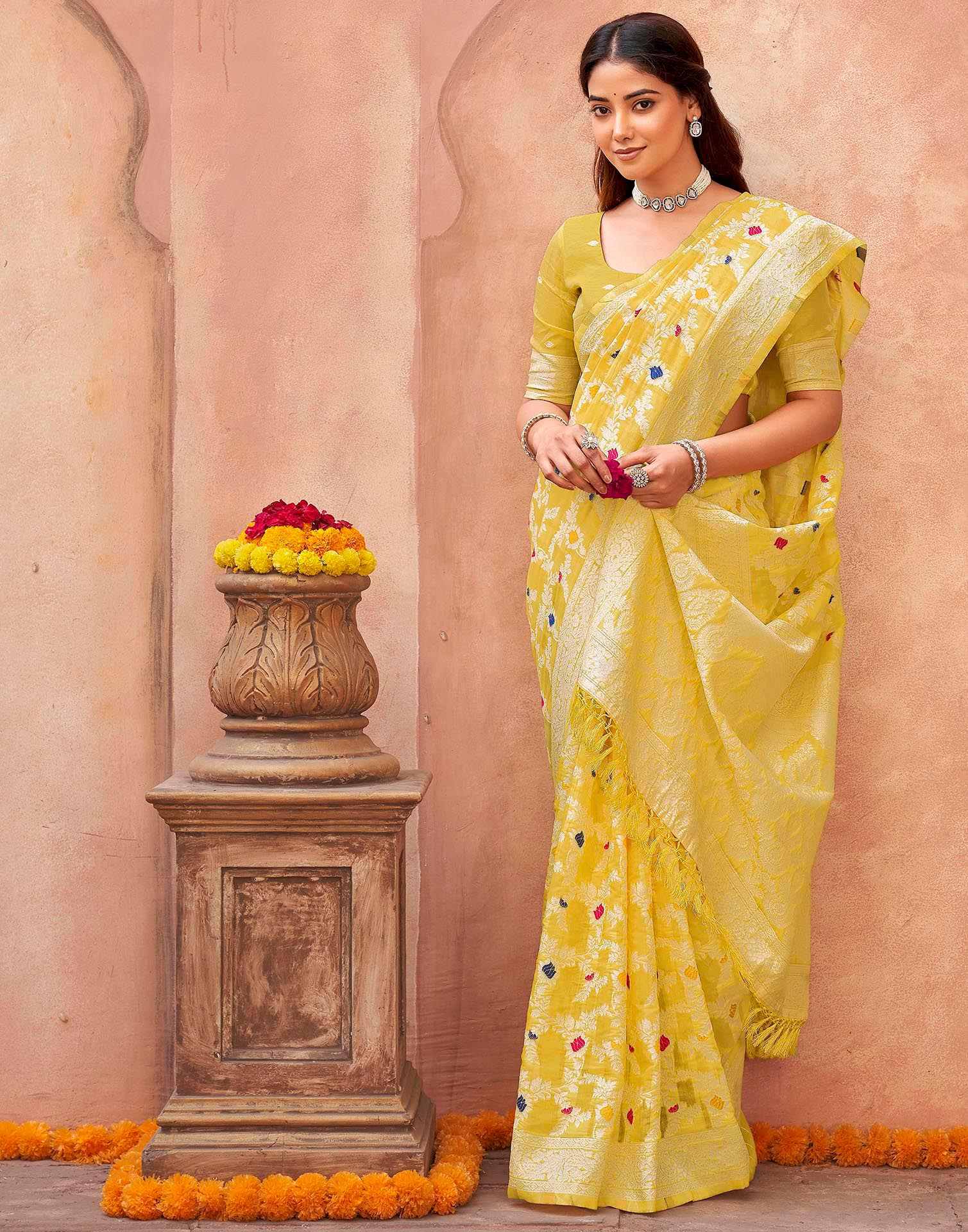 Light Yellow Chanderi Woven Saree