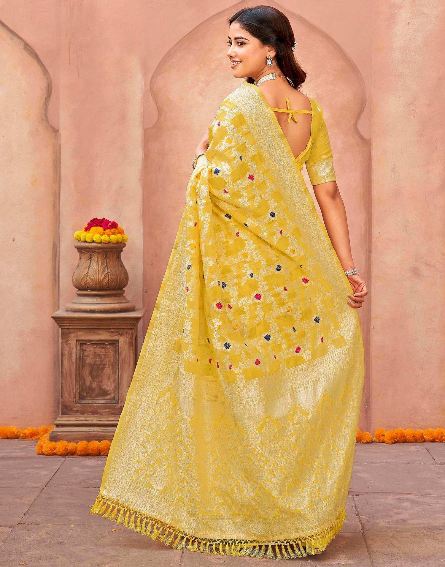 Light Yellow Chanderi Woven Saree