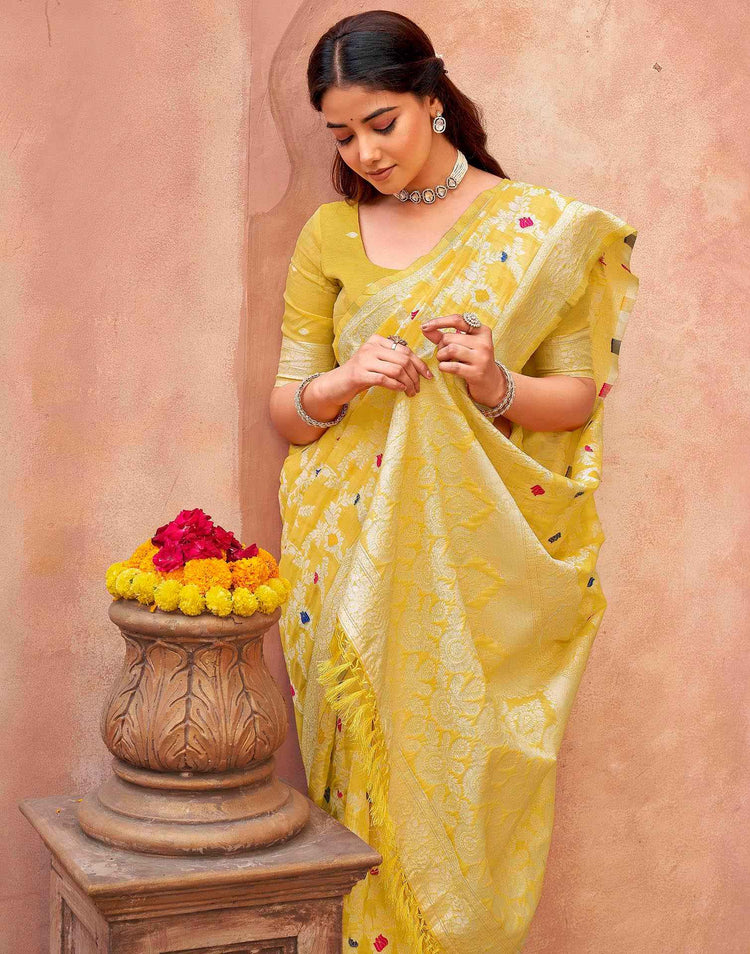 Light Yellow Chanderi Woven Saree