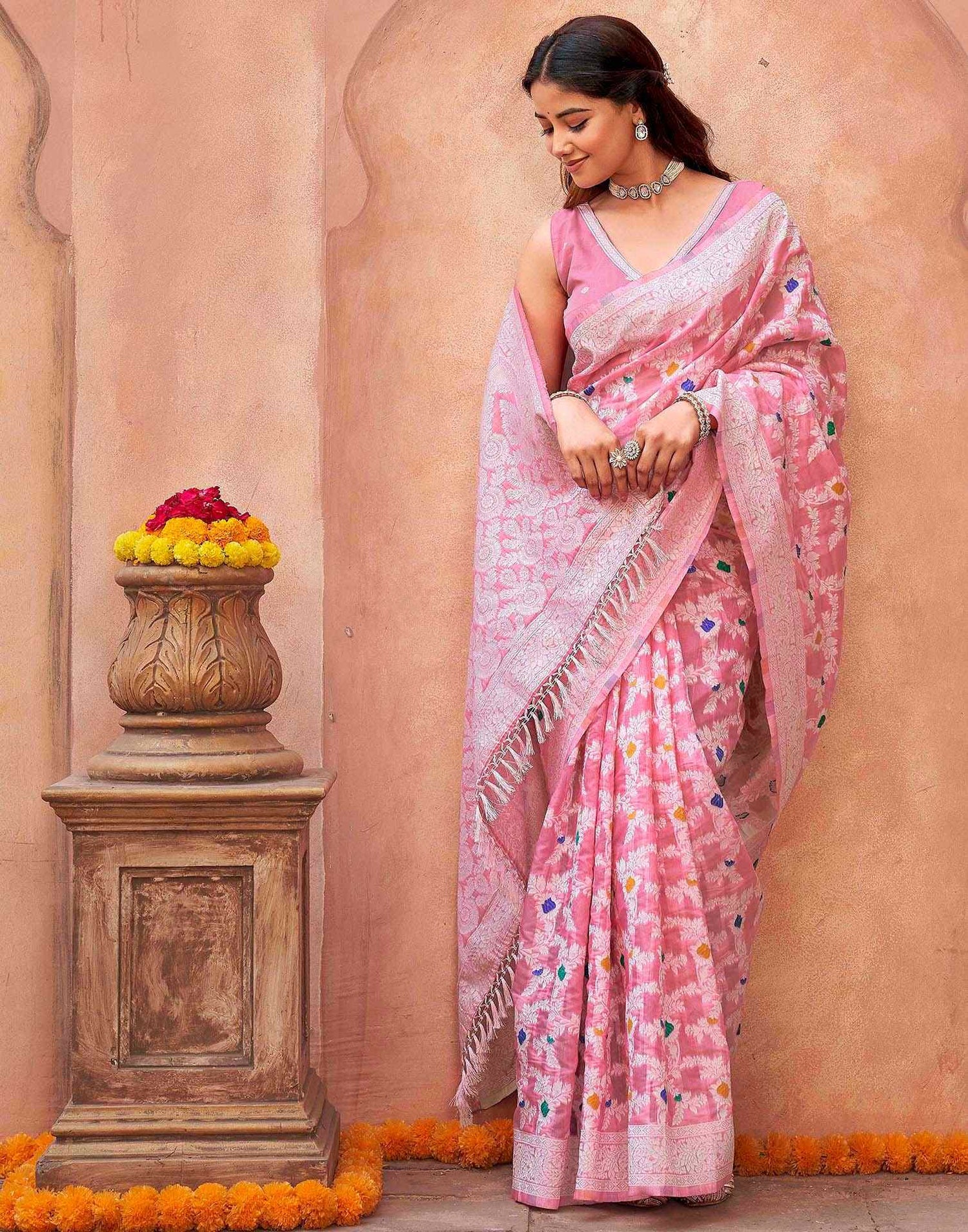 Light Pink Chanderi Woven Saree