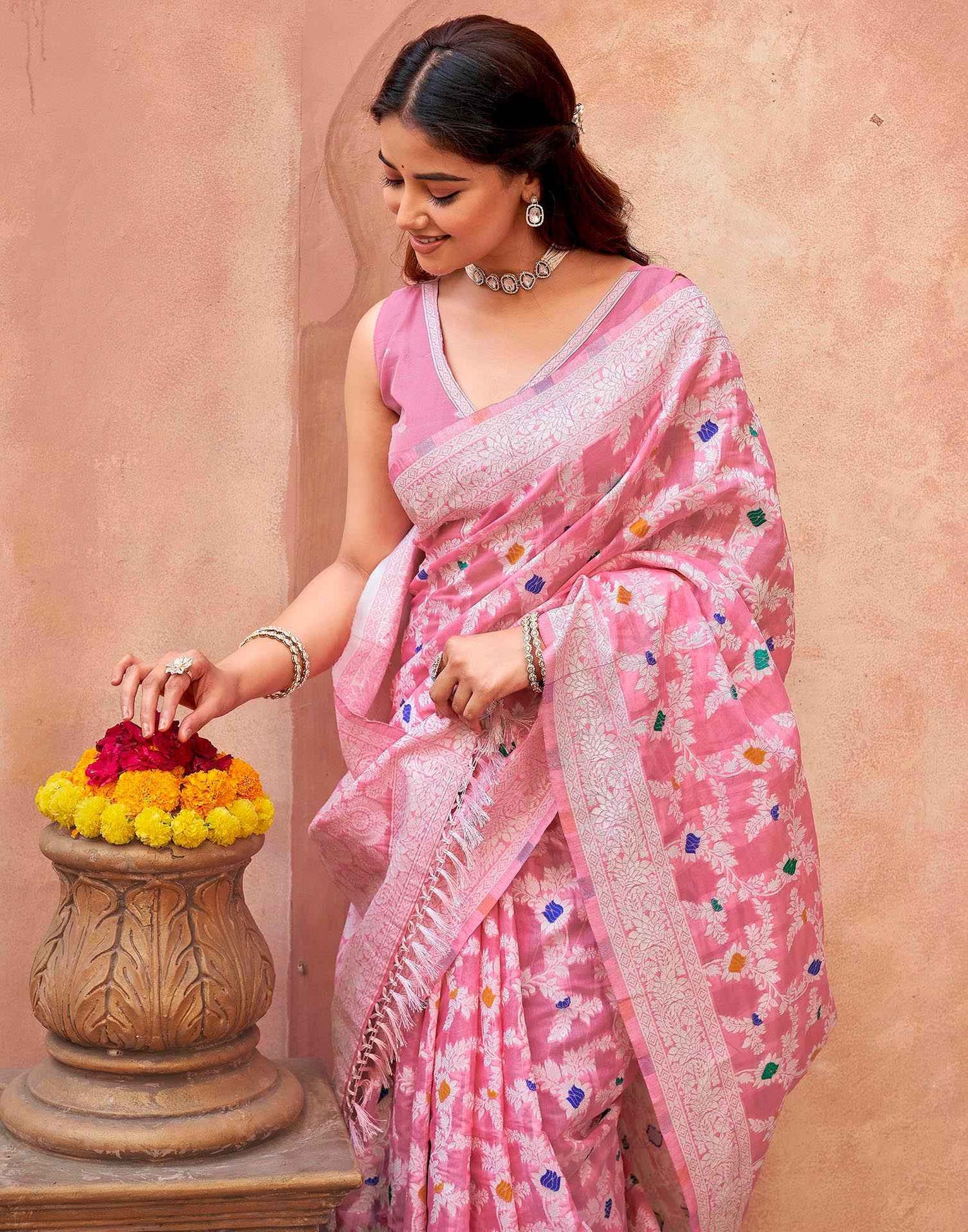 Light Pink Chanderi Woven Saree