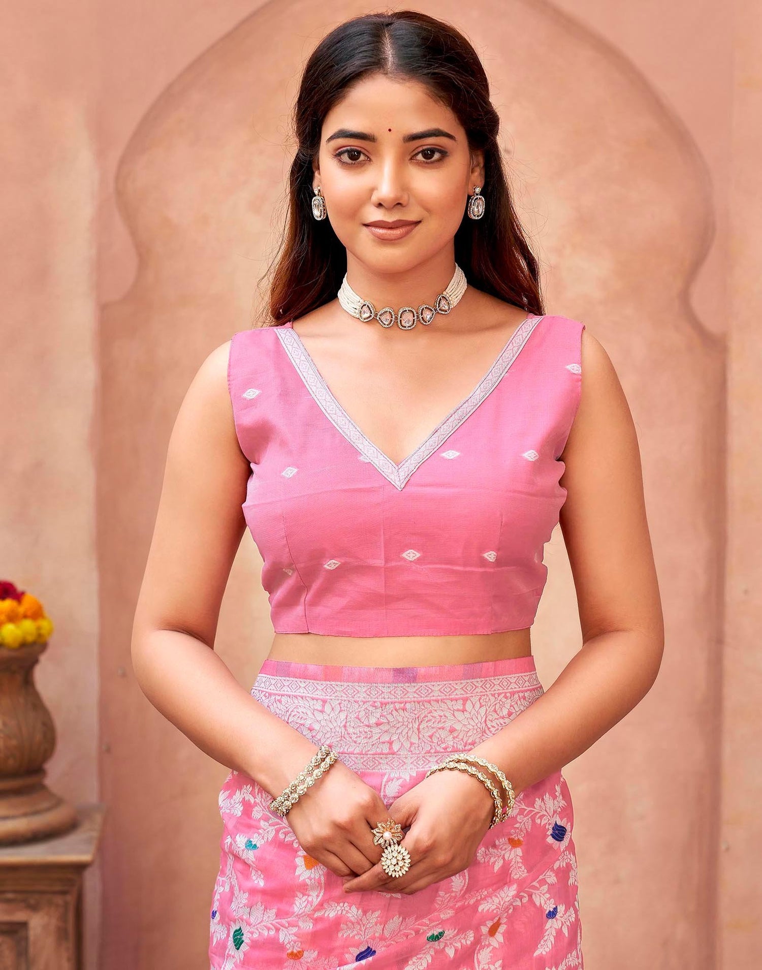 Light Pink Chanderi Woven Saree
