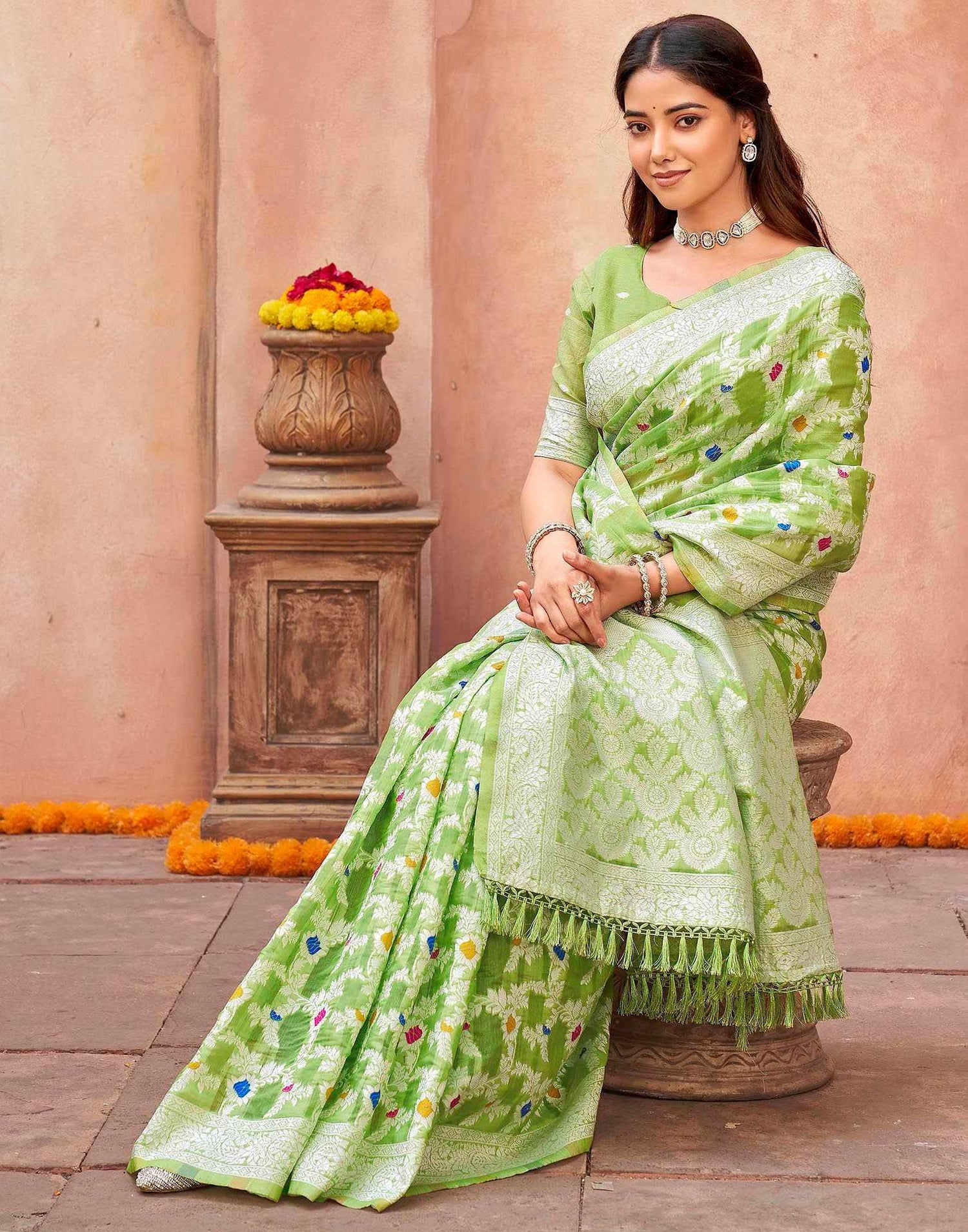Pista Green Chanderi Woven Saree