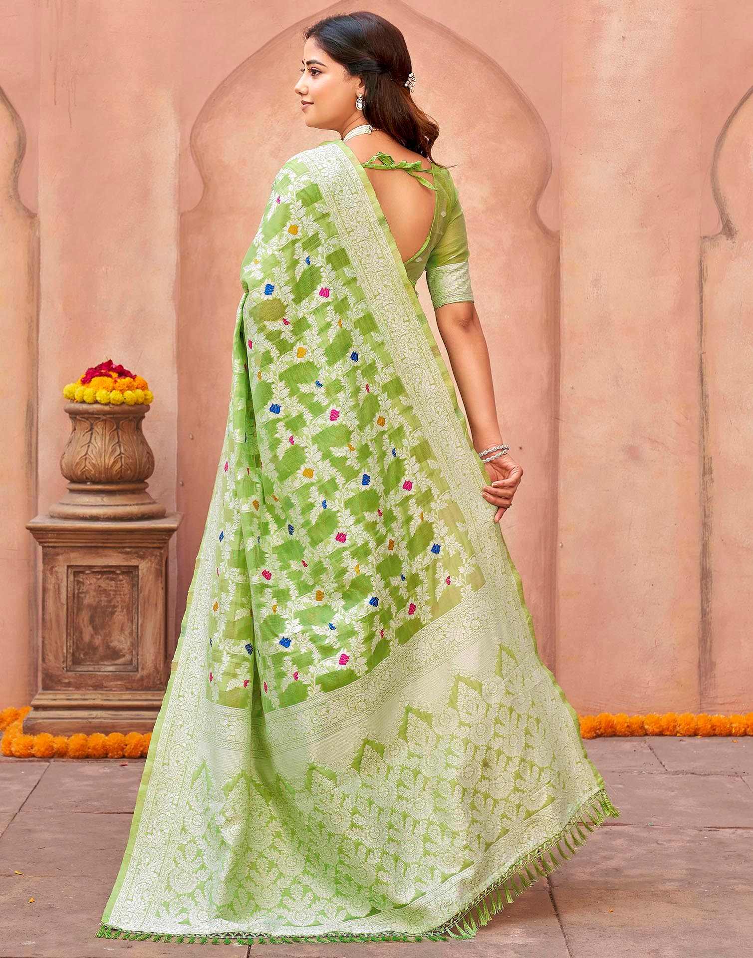 Pista Green Chanderi Woven Saree