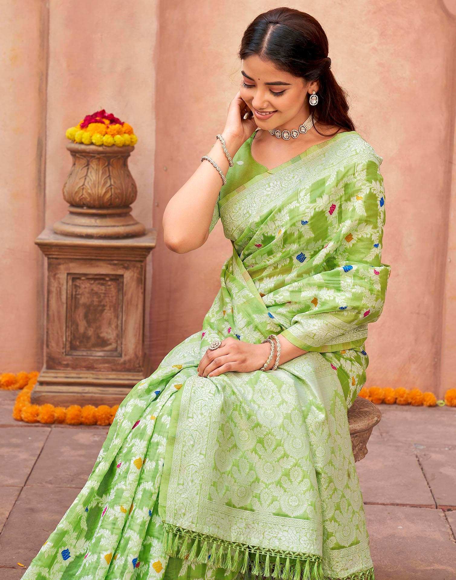 Pista Green Chanderi Woven Saree