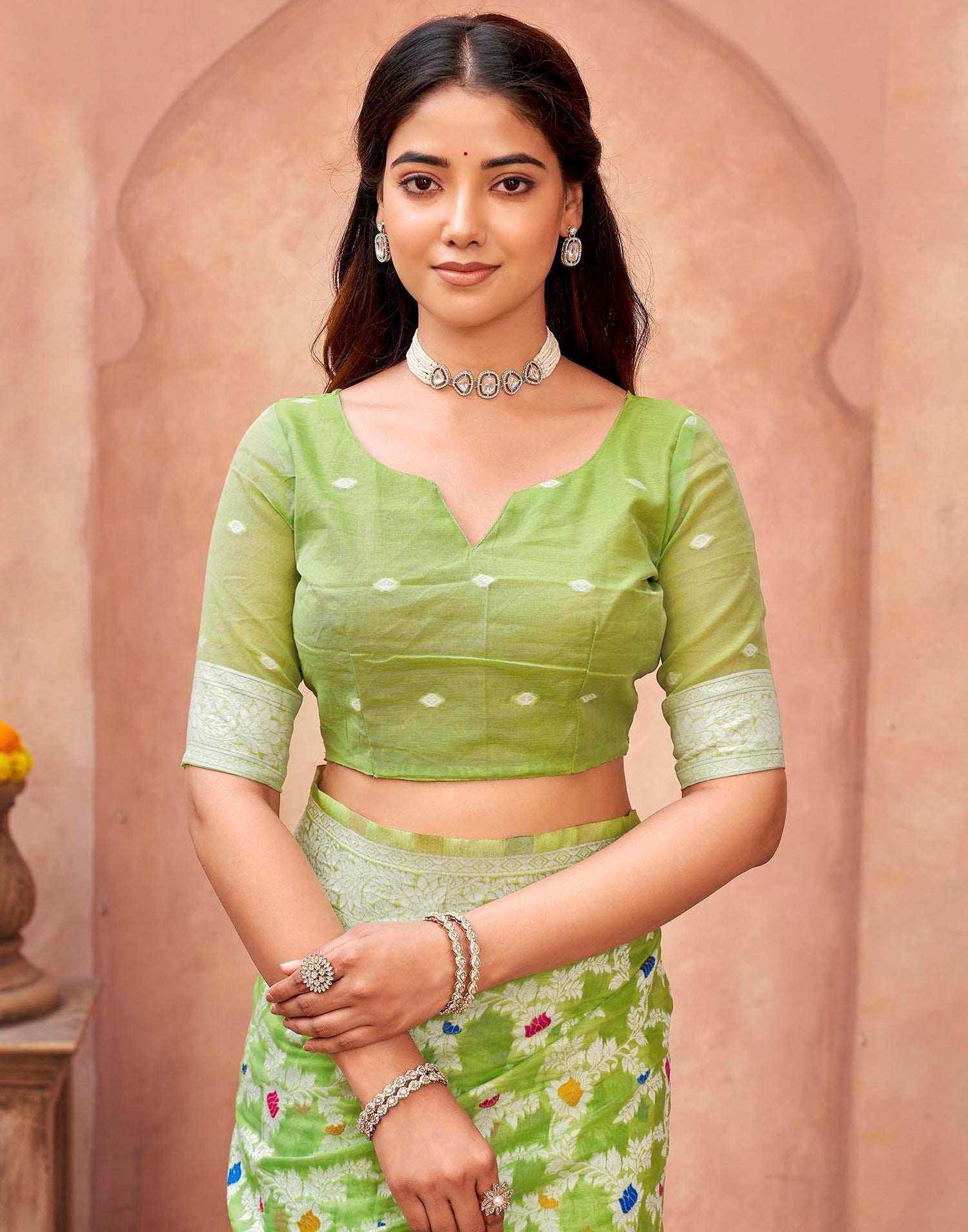 Pista Green Chanderi Woven Saree