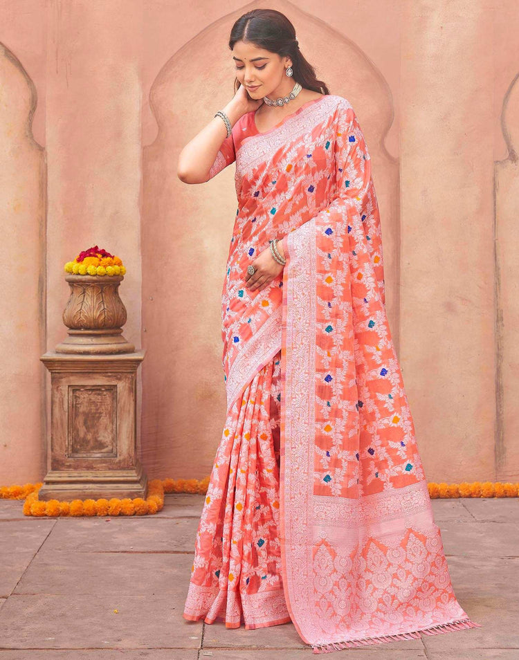 Coral Pink Chanderi Woven Saree