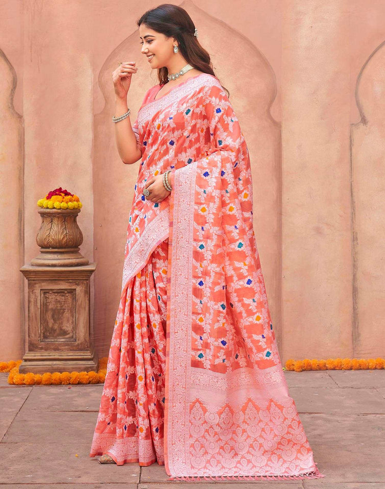 Coral Pink Chanderi Woven Saree