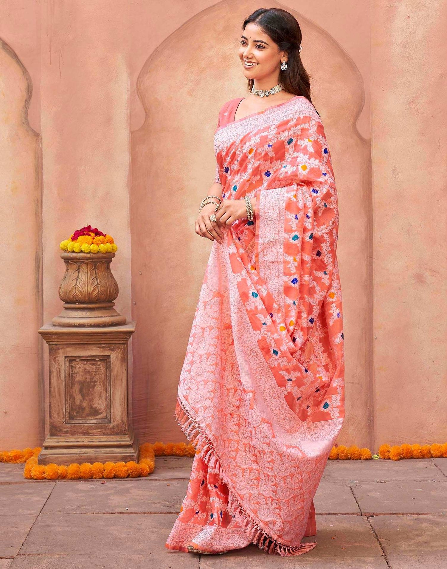Coral Pink Chanderi Woven Saree