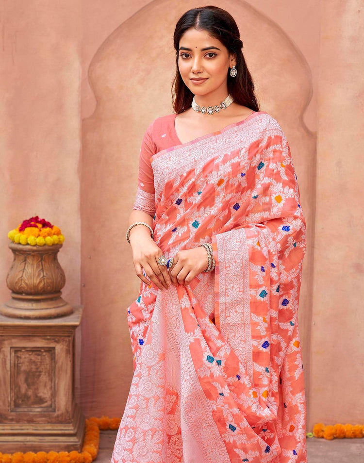 Coral Pink Chanderi Woven Saree