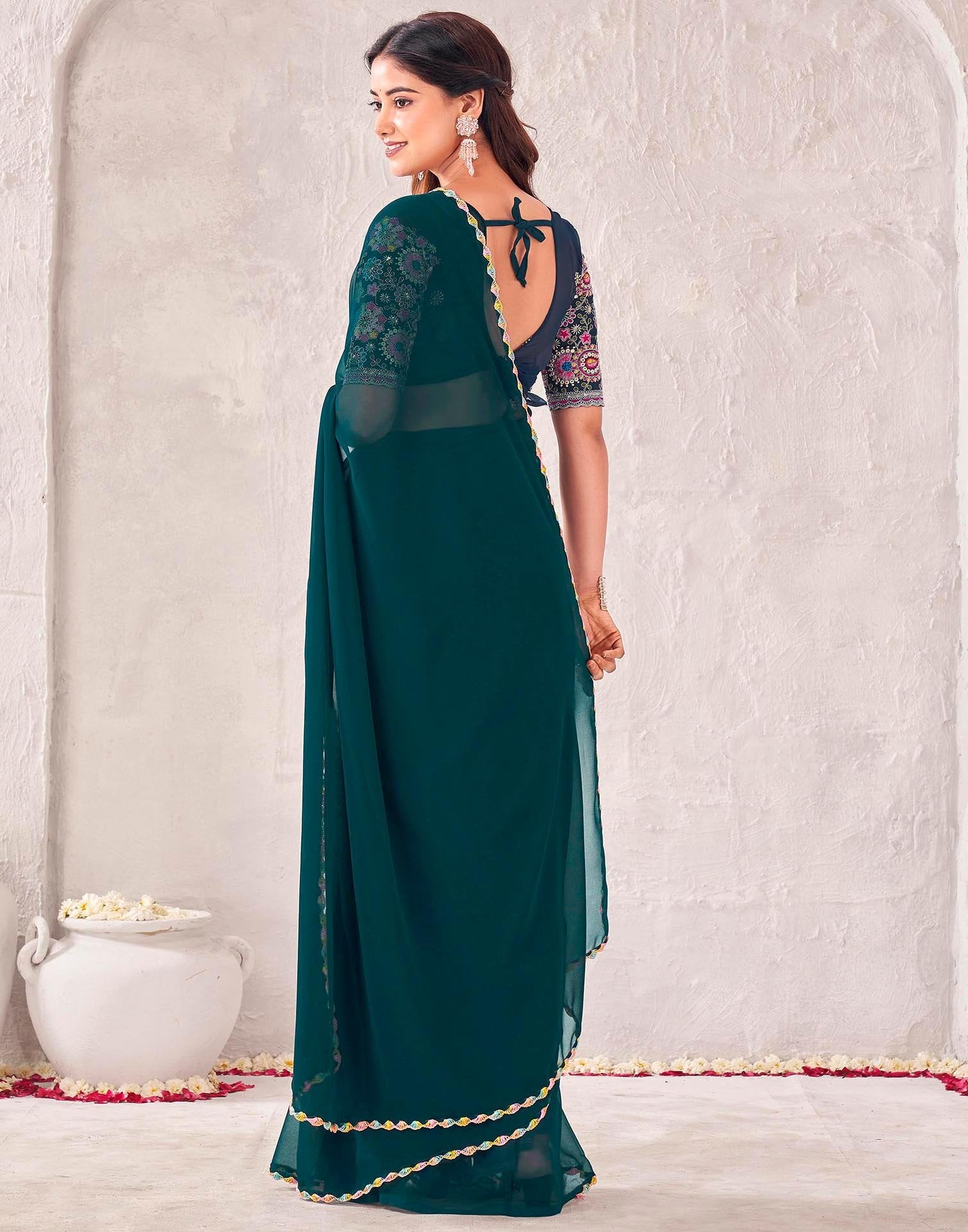 Dark Green Georgette Embroidery Saree