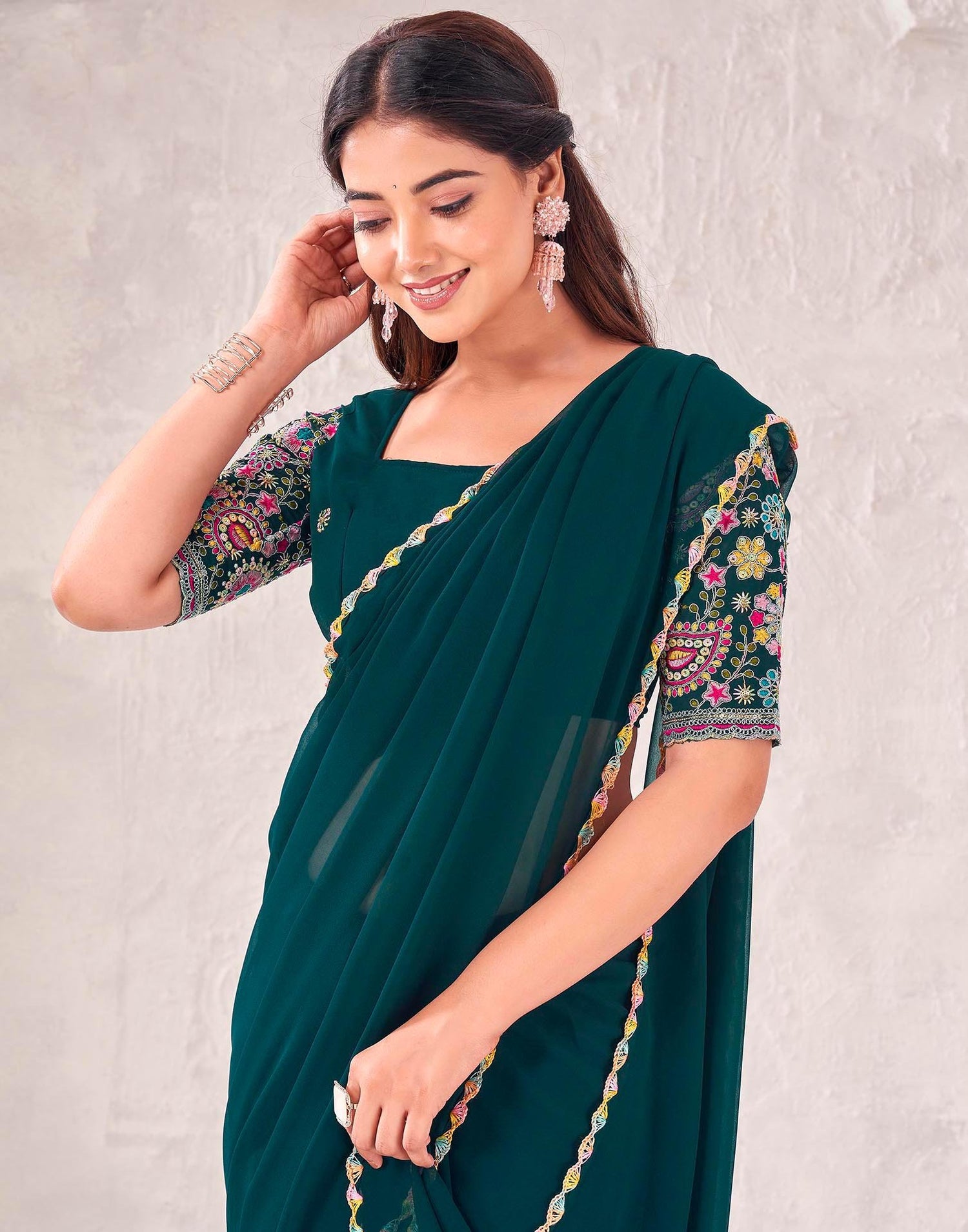 Dark Green Georgette Embroidery Saree