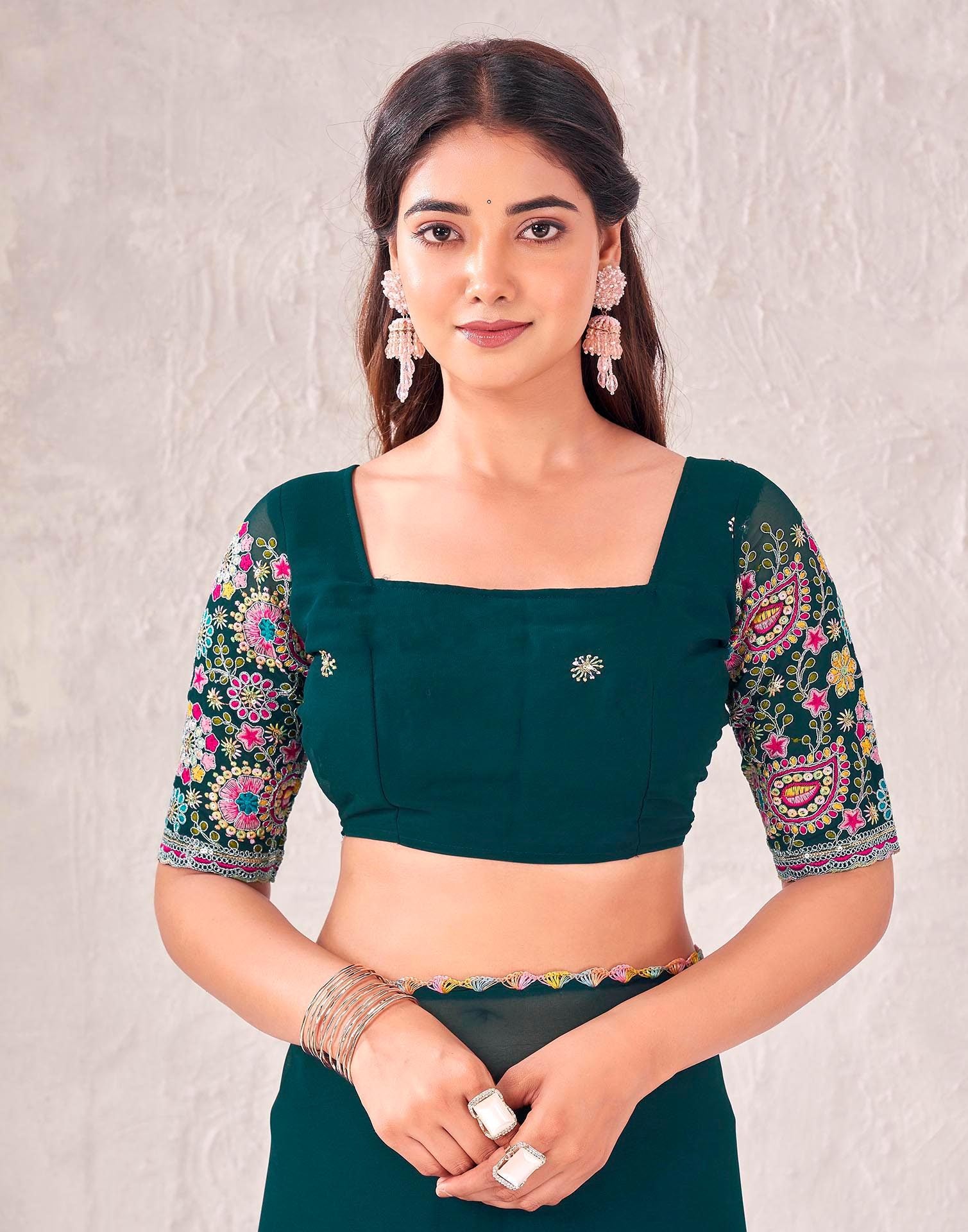 Dark Green Georgette Embroidery Saree