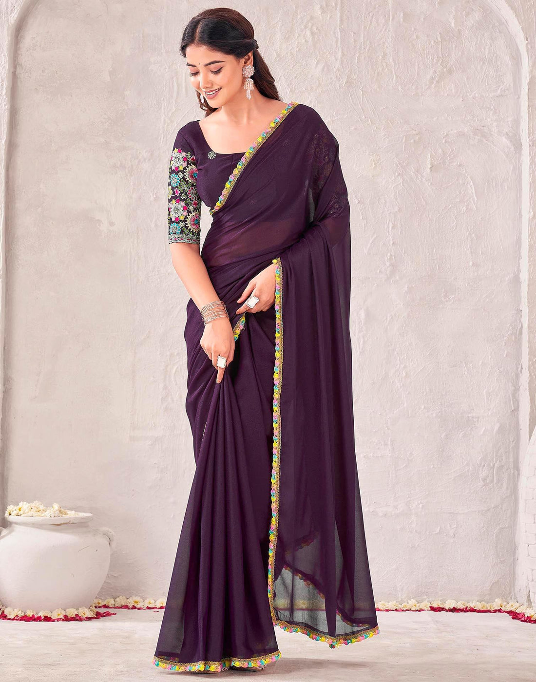 Wine Georgette Embroidery Lace Saree