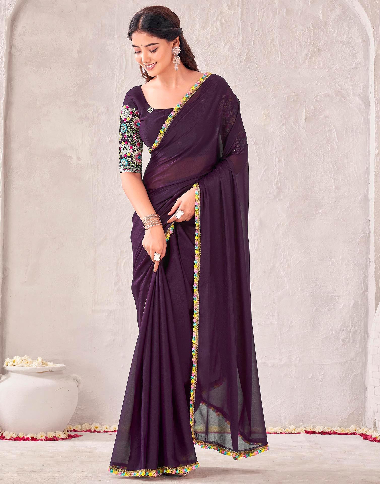 Wine Georgette Embroidery Lace Saree