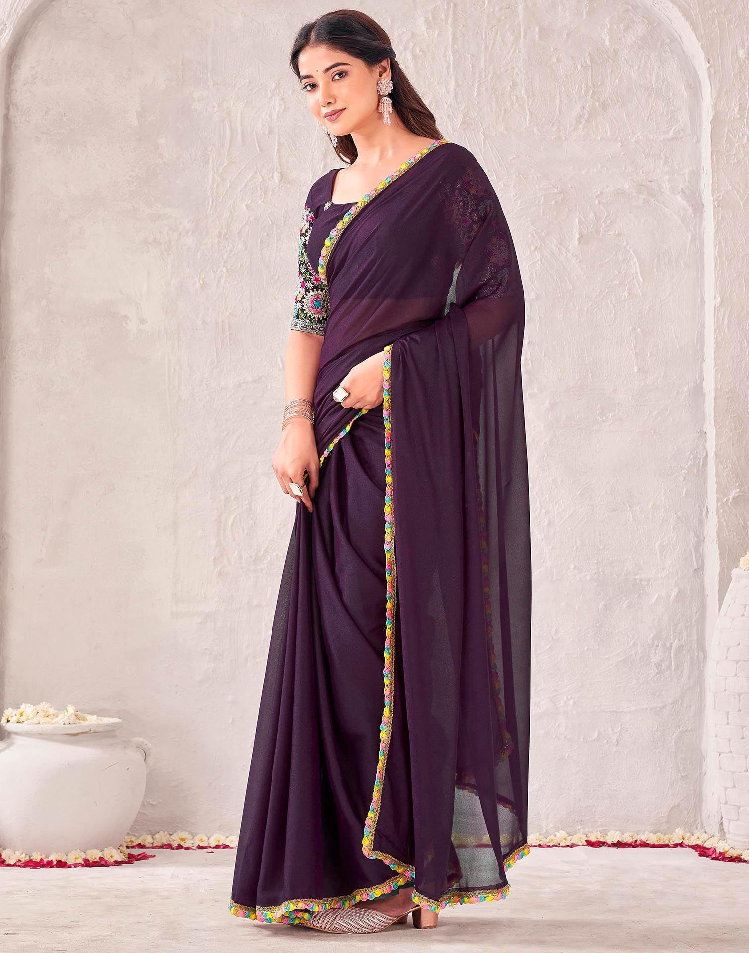 Wine Georgette Embroidery Lace Saree