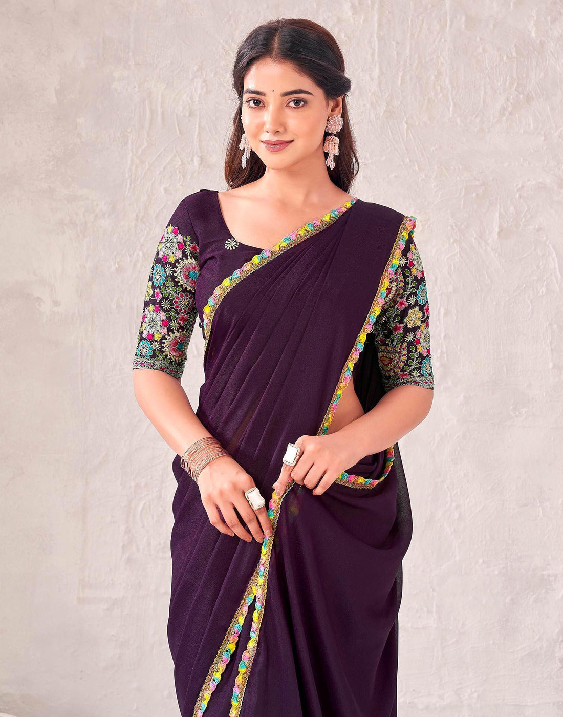 Wine Georgette Embroidery Lace Saree