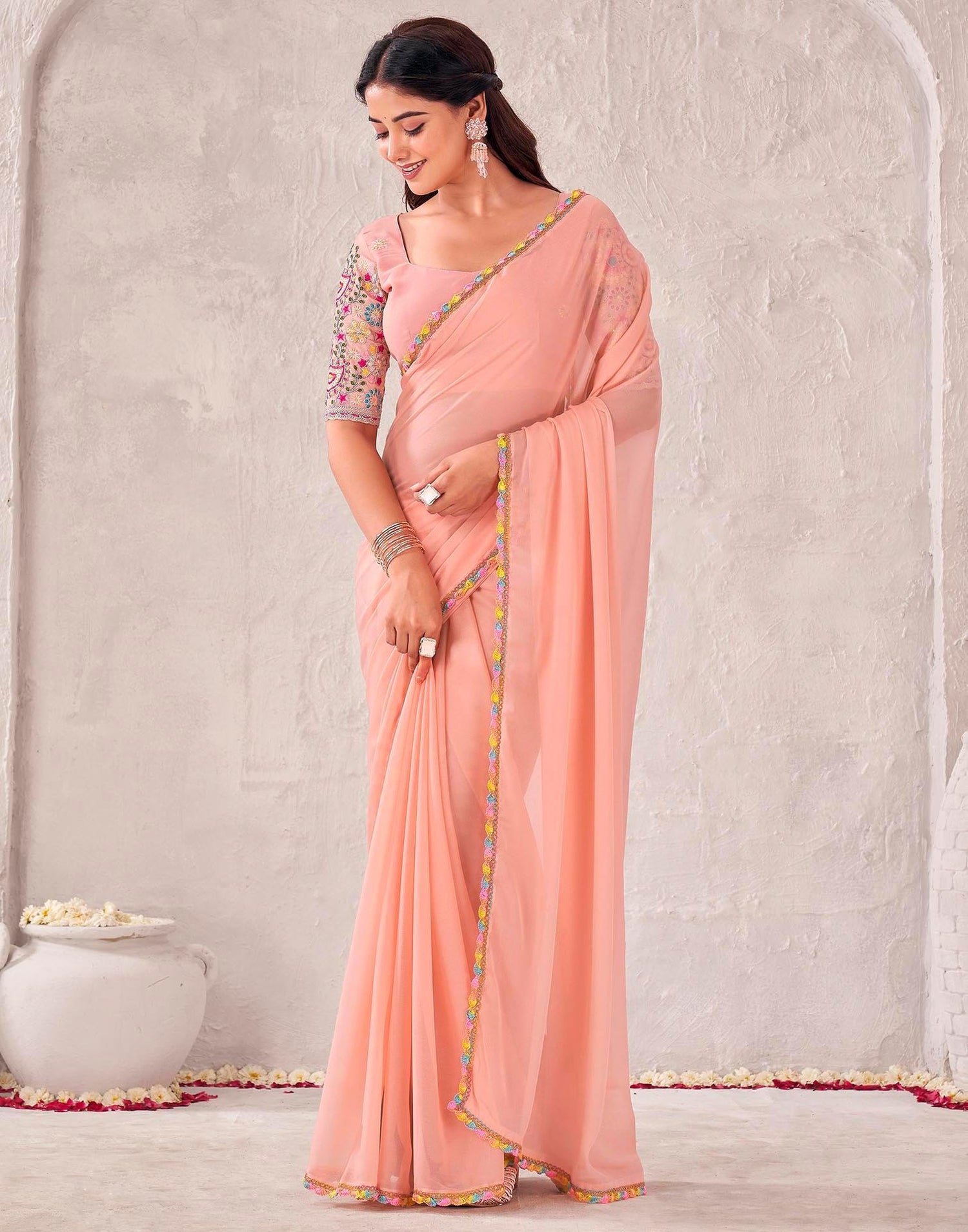 Peach Georgette Embroidery Lace Saree