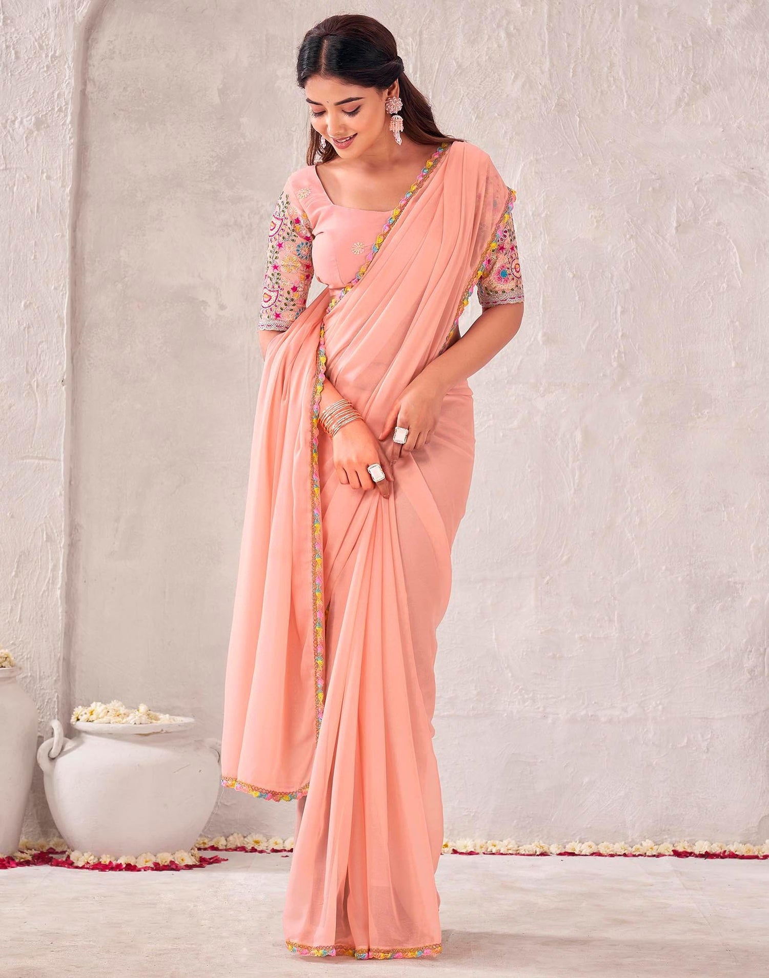 Peach Georgette Embroidery Lace Saree